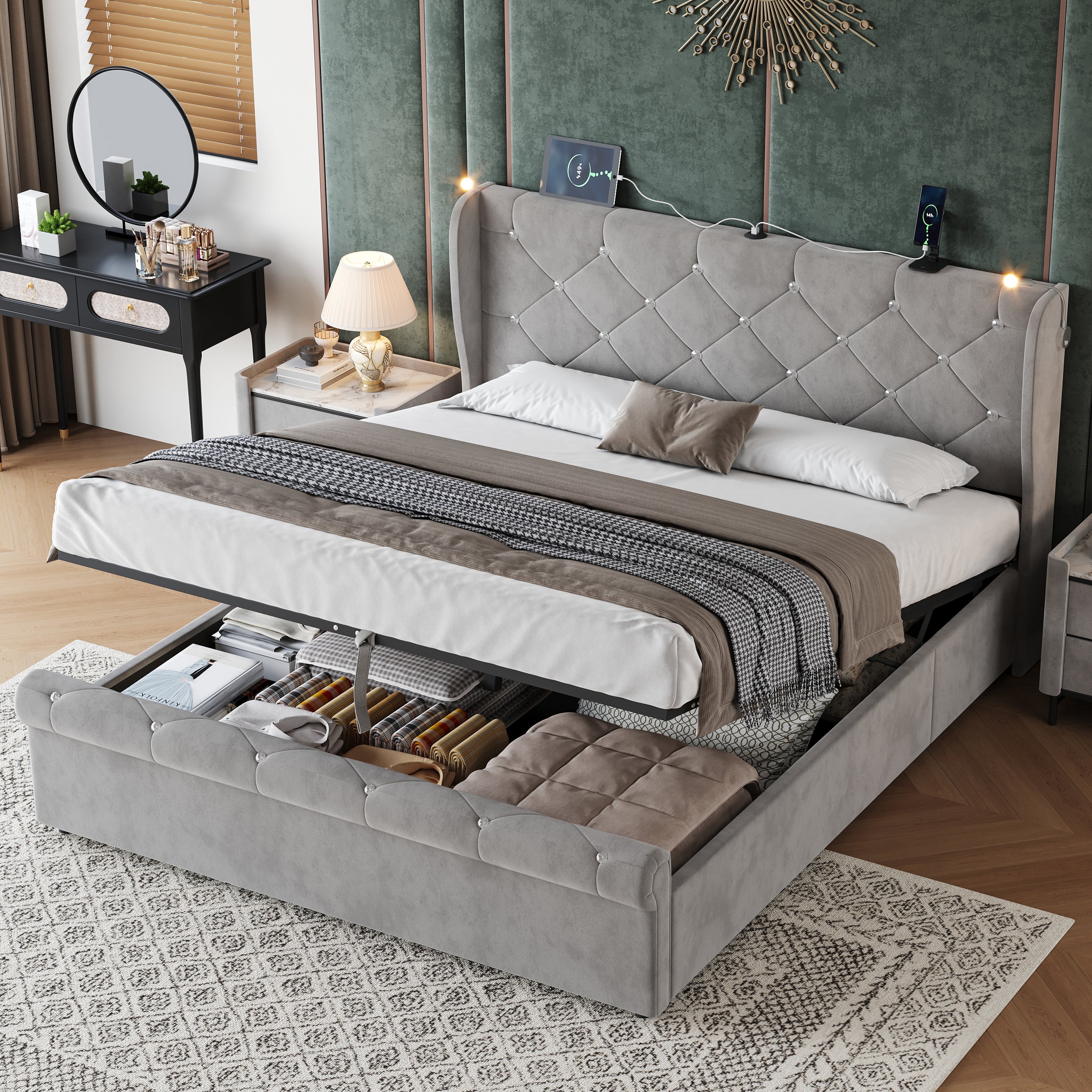 4ft6 Double Upholstered Bed Frame with Hydraulic Storage,  Diamond Tufted Headboard with Charging Station and Reading Light, USB and Type - C Ports, Velvet, Grey (No Mattress)