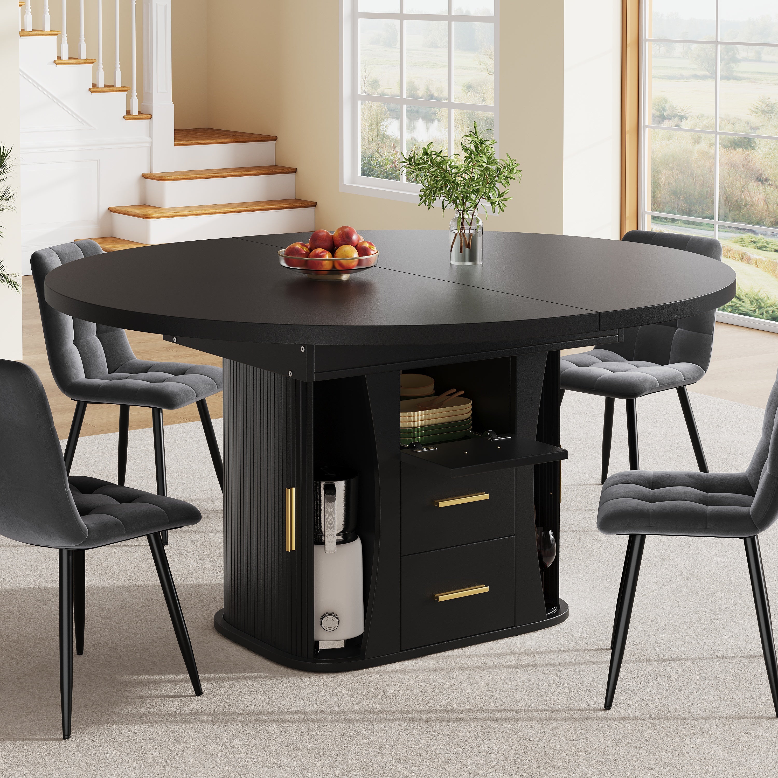 Extendable dining table, dining room table, kitchen table, round dining table, extends to oval, 118-158 cm, seats up to 6 people, three-tier storage, black