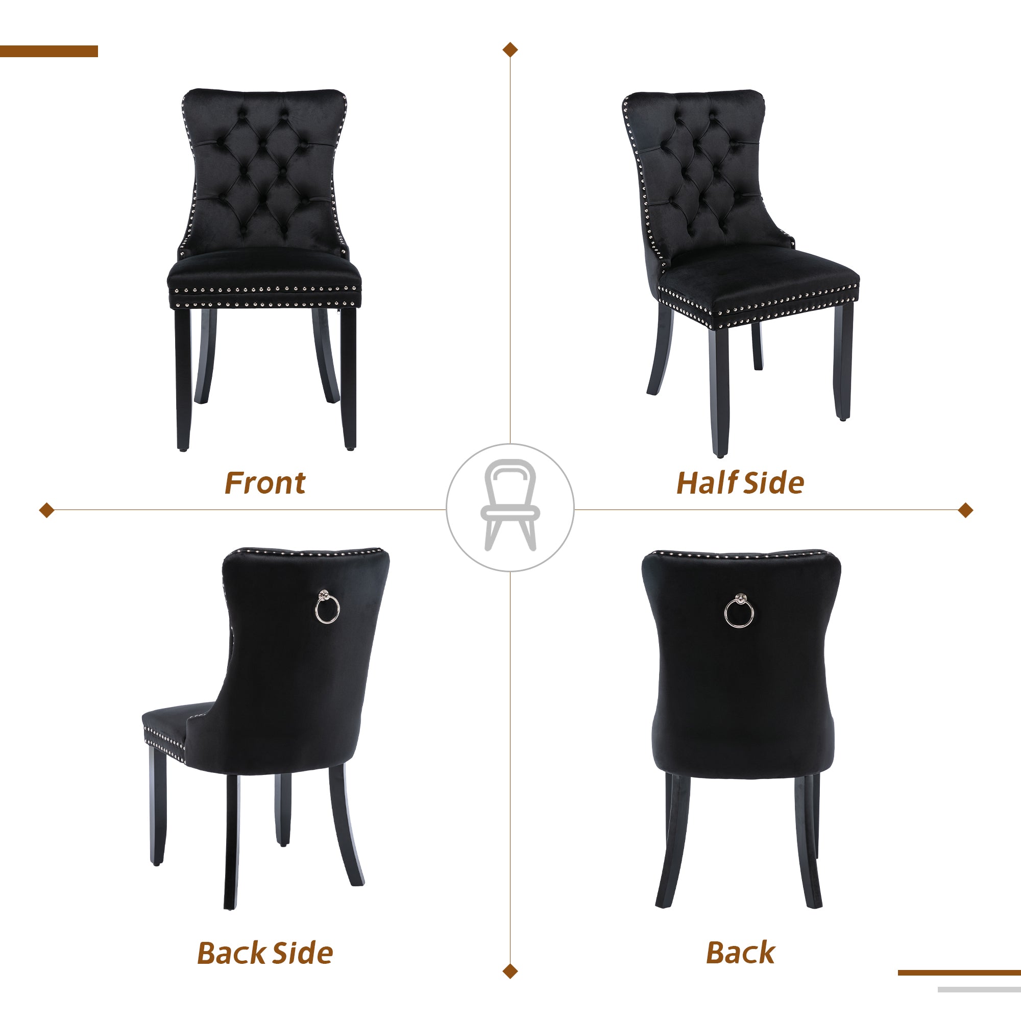 Modern Set of 4 Upholstered Velvet Dining Chairs, Button Tufted Kitchen Lounge Chairs with Solid Wood Legs, Riveted Trim and Knocker Ring, for Dining Room Living Room, Black