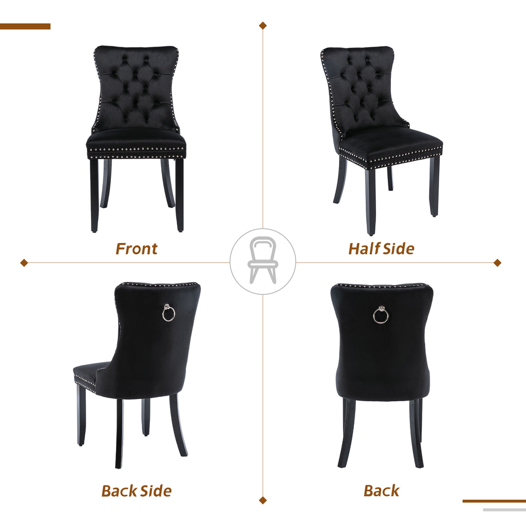 Modern Set of 2 Upholstered Velvet Dining Chairs, Button Tufted Kitchen Lounge Chairs with Solid Wood Legs, Riveted Trim and Knocker Ring, for Dining Room Living Room, Black
