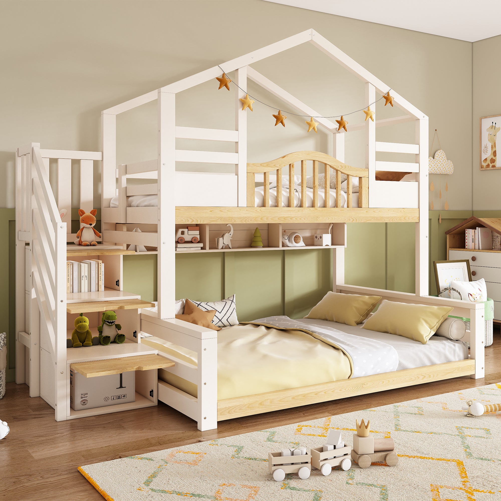 Bunk Beds for Kids, Staircase Bunk with Storage Space, Small House-shaped Children's Bed, Double Bunk Bed for Family with Multiple Children, (90+135) x 190 cm, Solid Wood, White & Natural