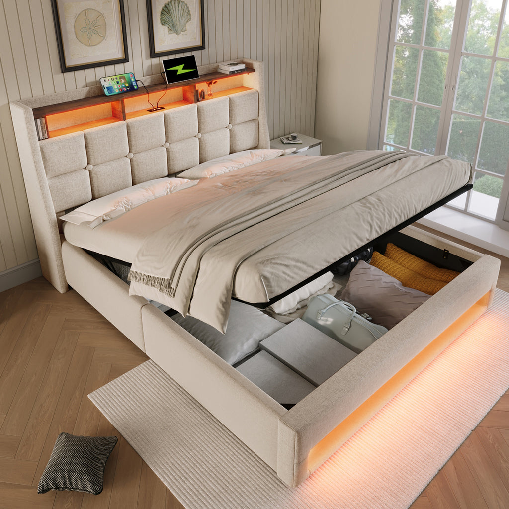 Upholstered Bed 150 x 200 cm with LED Lighting, USB Type-C Charging Function, Storage Headboard, 5FT King Size Storage Bed Frame with Metal Slatted Frame, Linen, Beige (No Mattress)