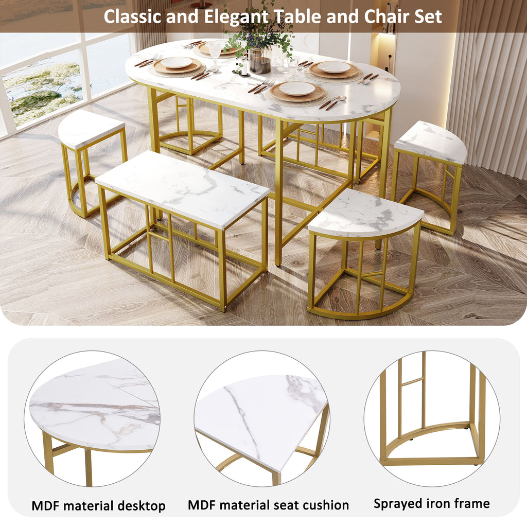 Dining room table set with six chairs, Dining group with white MDF seat cushions and gold-plated iron frames, Modern luxury tables and chairs