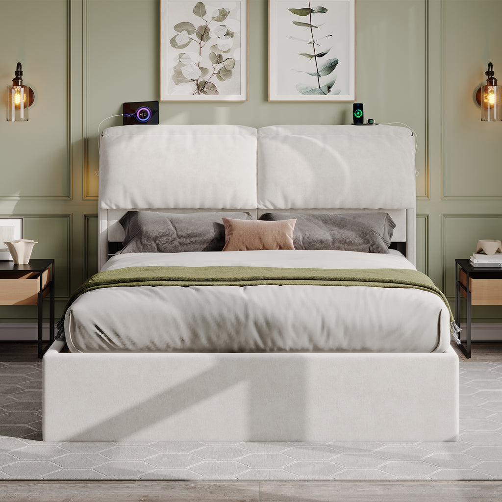 5ft King Bed with Hydraulic Storage, Velvet Upholstered Bed with Headboard Flip-top Storage and Drawers, Back Cushion Headboard with Charging Station and LED Night Light, Cream White (No Mattress)