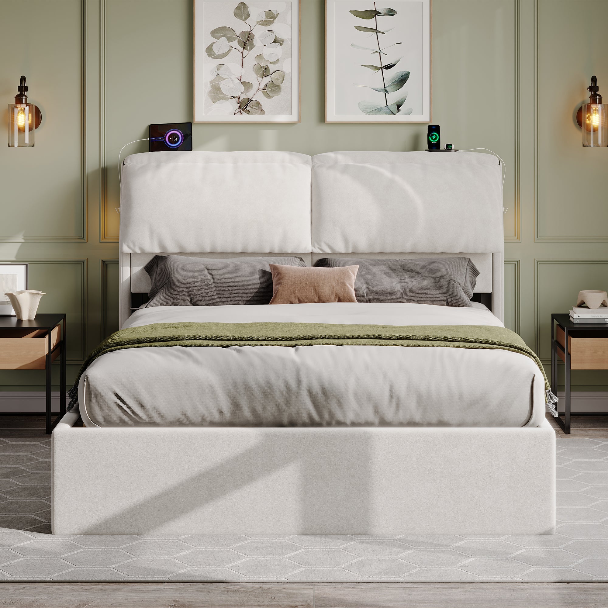 5ft King Bed with Hydraulic Storage, Velvet Upholstered Bed with Headboard Flip-top Storage and Drawers, Back Cushion Headboard with Charging Station and LED Night Light, Cream White (No Mattress)