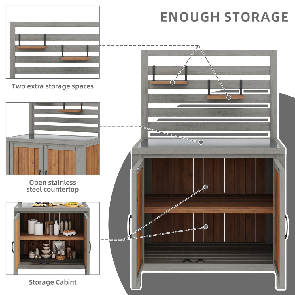 Weatherproof wooden garden cabinet – tool shed with stainless steel worktop, grill station with adjustable shelves and storage compartments, kitchen cabinet for patio, balcony, garden