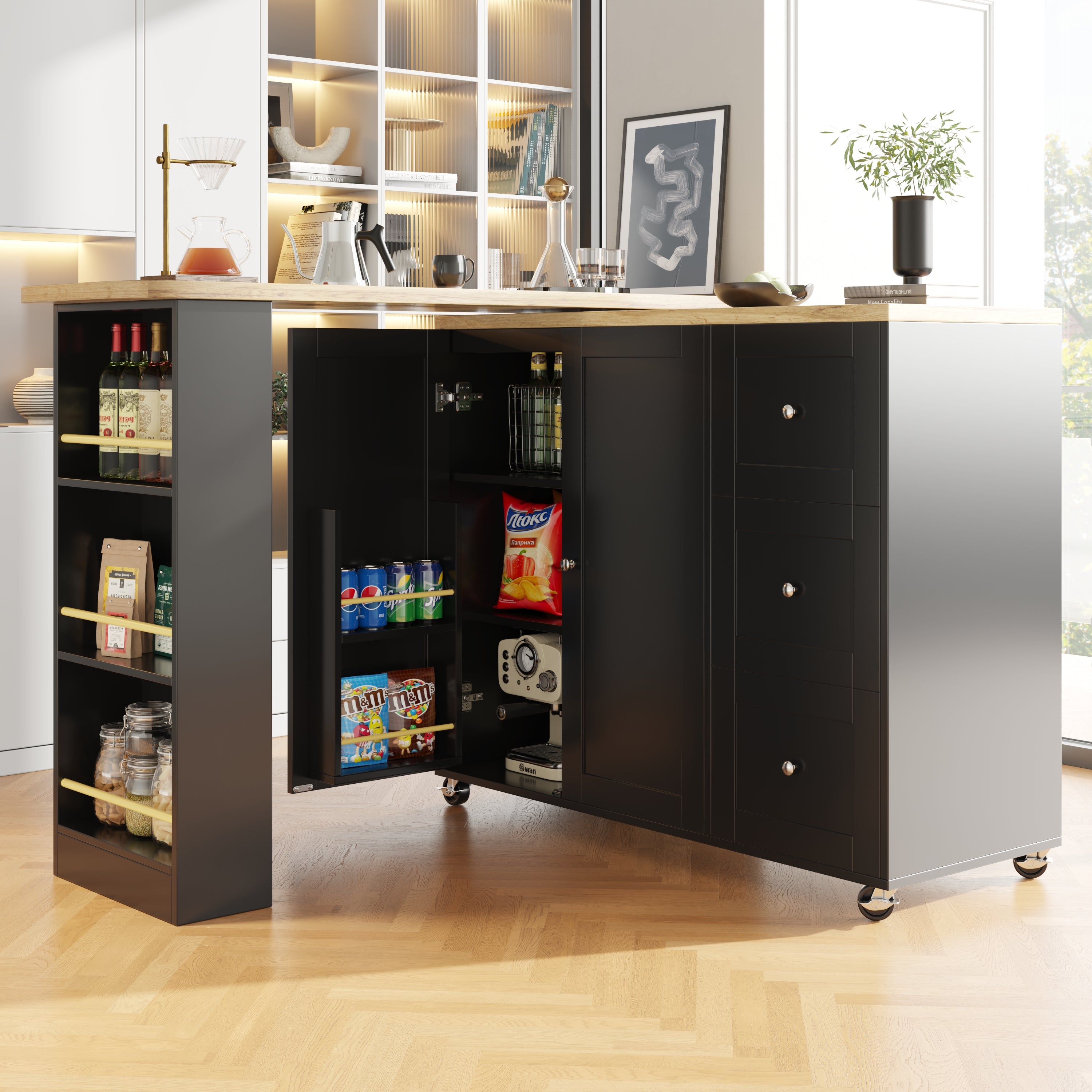 360° swivelling dining table (138-209 x 39 x 106 cm) on castors, bar table, black, with three drawers and snack rack, multifunctional storage island, suitable for kitchen and living room.