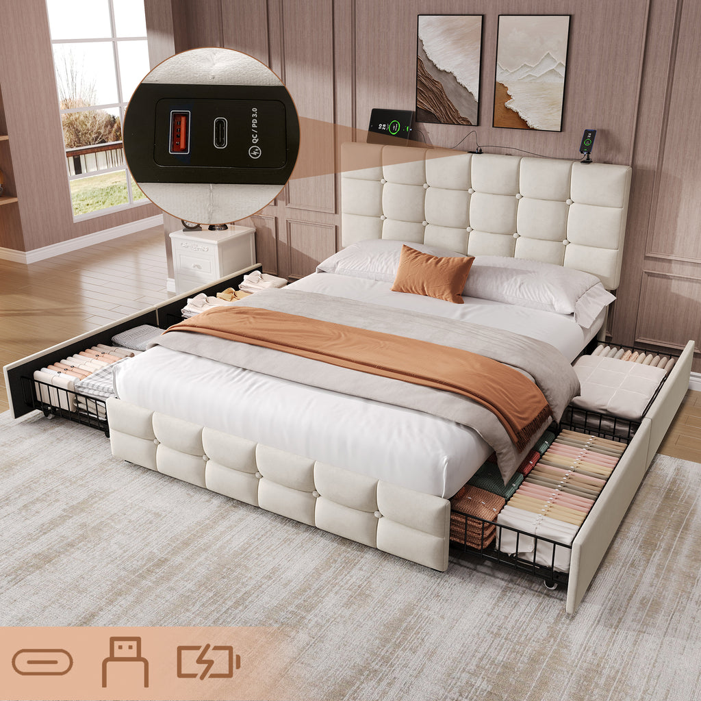 4ft6 Double Upholstered Bed with 4 Storage Drawers, Velvet Bed Frame with Charging Station. Adjustable Button Tufted Headboard with USB and Type - C Ports, No Box Spring Needed, Beige (No Mattress)