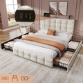 4ft6 Double Upholstered Bed with 4 Storage Drawers, Velvet Bed Frame with Charging Station. Adjustable Button Tufted Headboard with USB and Type - C Ports, No Box Spring Needed, Beige (No Mattress)