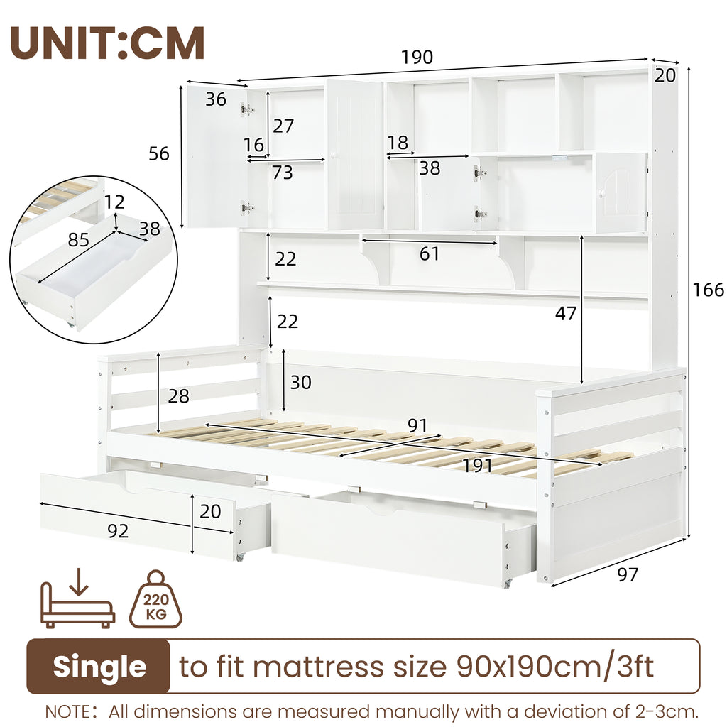 3ft Single Bed with Two Storage Drawers and Bookcase headboard, Wooden Bed Frame with Storage and Guardrail, Space-Saving Design for Bedroom, Dorm and Study Room, White (No Mattress)
