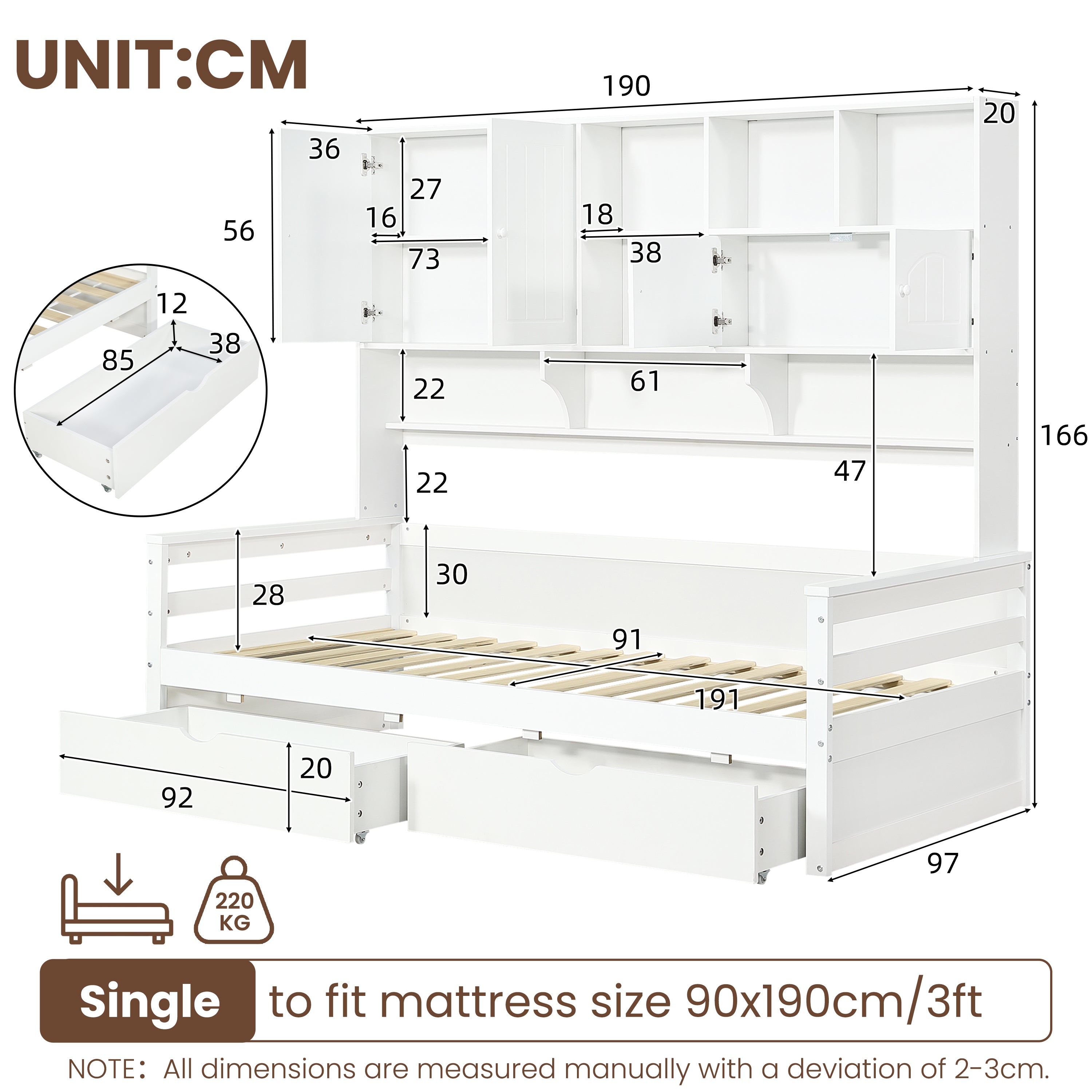 3ft Single Bed with Two Storage Drawers and Bookcase headboard, Wooden Bed Frame with Storage and Guardrail, Space-Saving Design for Bedroom, Dorm and Study Room, White (No Mattress)