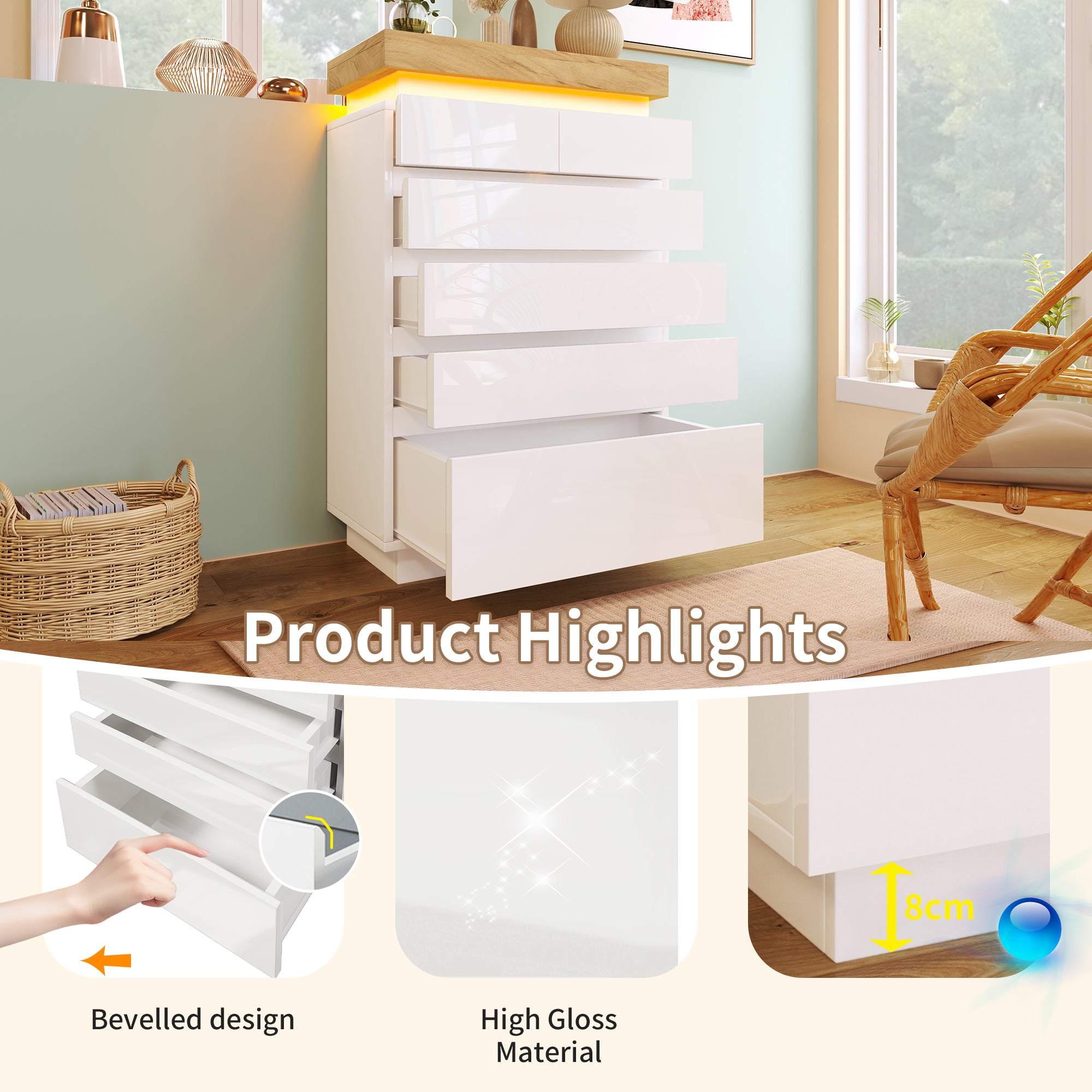 Chest of Drawers,High-gloss Sideboard Cabinet with 6 Drawers,Storage with RGB LED(App-controlled),Multi-purpose Cabinet for Living Room and Bedroom, 115 x 73 x 39 cm, White