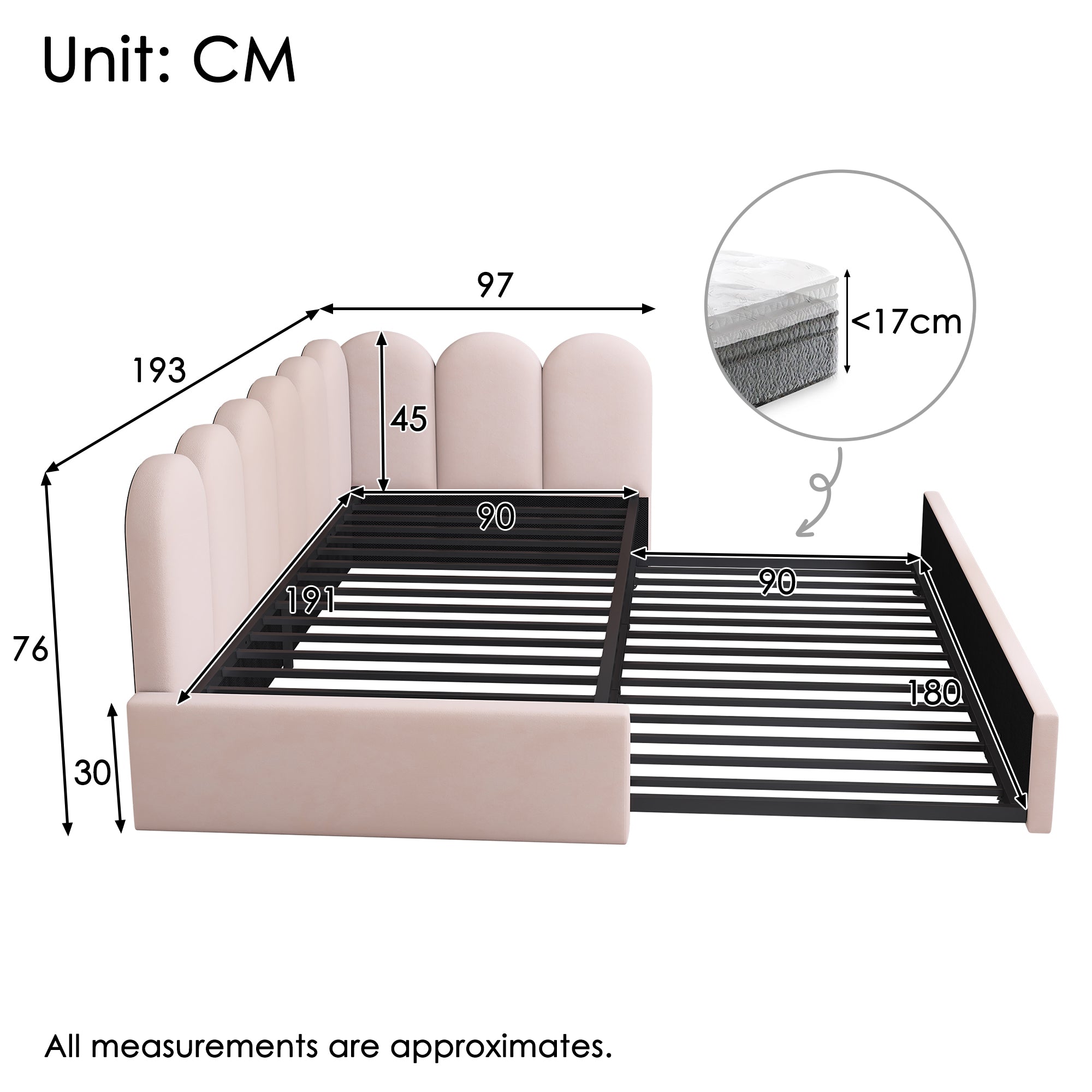 Upholstered Bed Daybed With Pull-Out Bed, 3FT Single Sofa Bed 90X190Cm,Guest Beds For Adults and Children, Bed With Metal Slatted Frame, Velvet, Pink (No Mattress)
