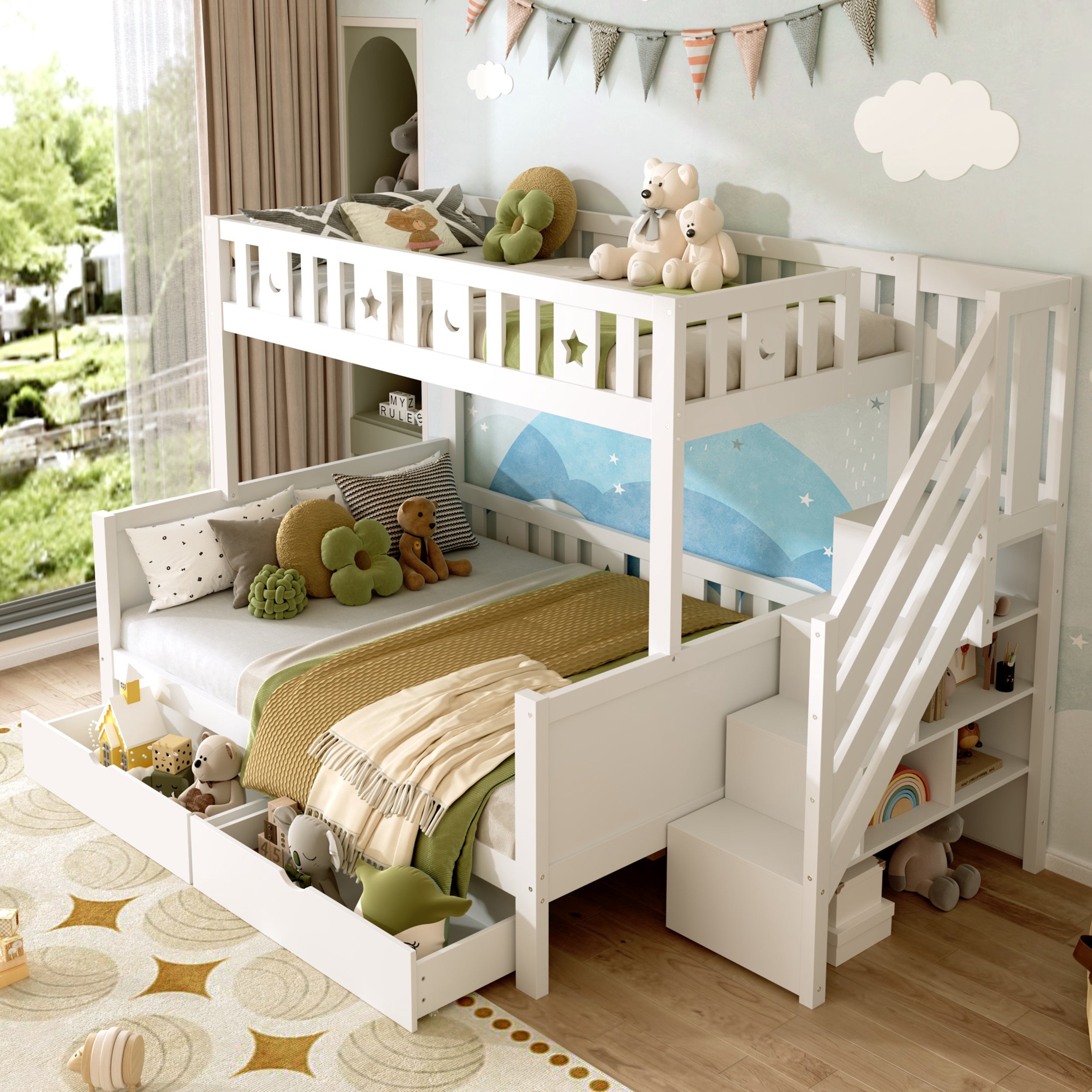 Bunk Bed with Two Storage Drawers and Side Hidden Storage Compartments, Solid Wood Loft Bed Frame with Space-Saving Design, Safety Guardrails & Staircase, Star and Moon Motifs, White (No Mattress)