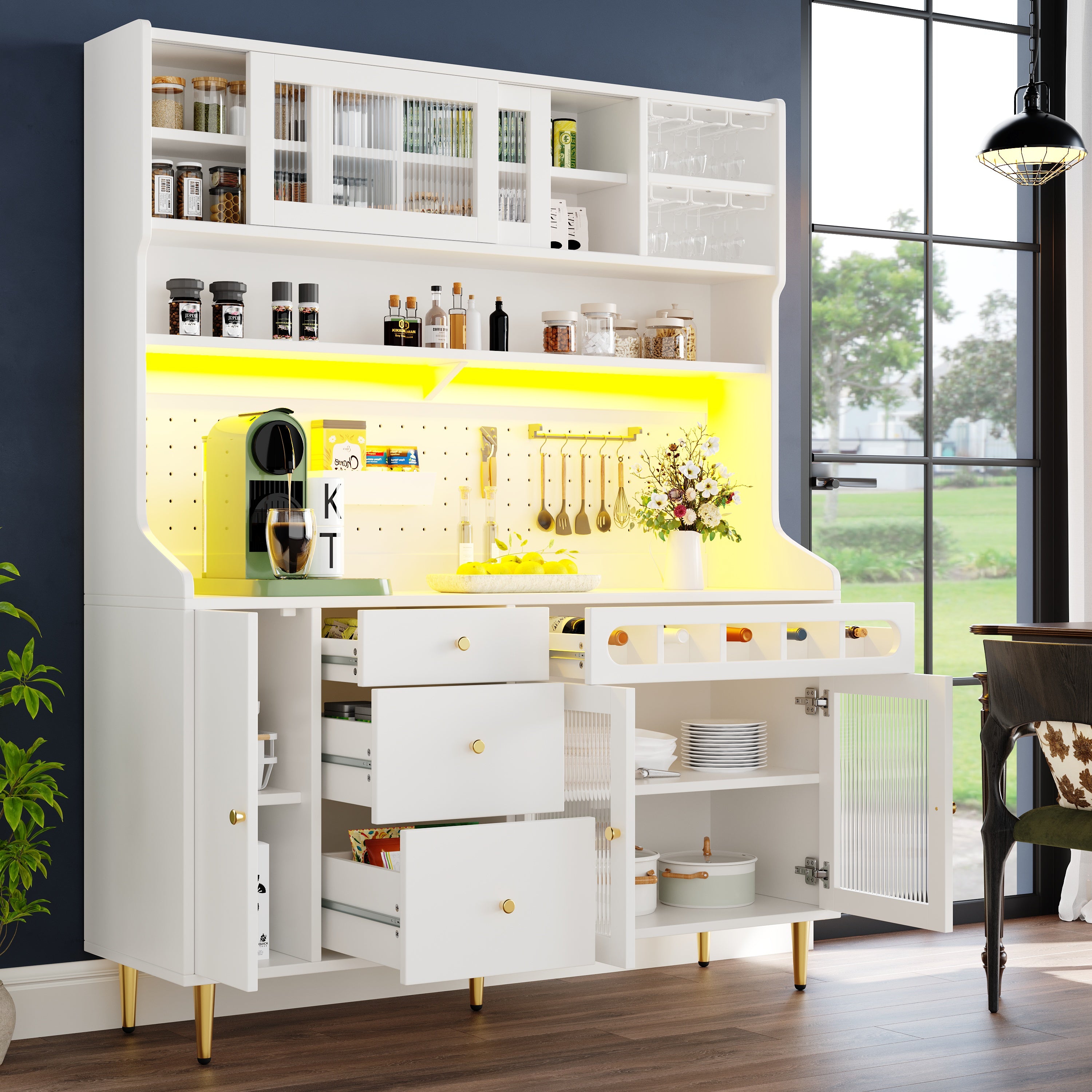 Highboard with Adjustable Shelves & LED Lights, Freestanding Storage Unit for Living Room Kitchen Dining, Tall cabinet with wine rack, Dimensions 145x39x171cm, White