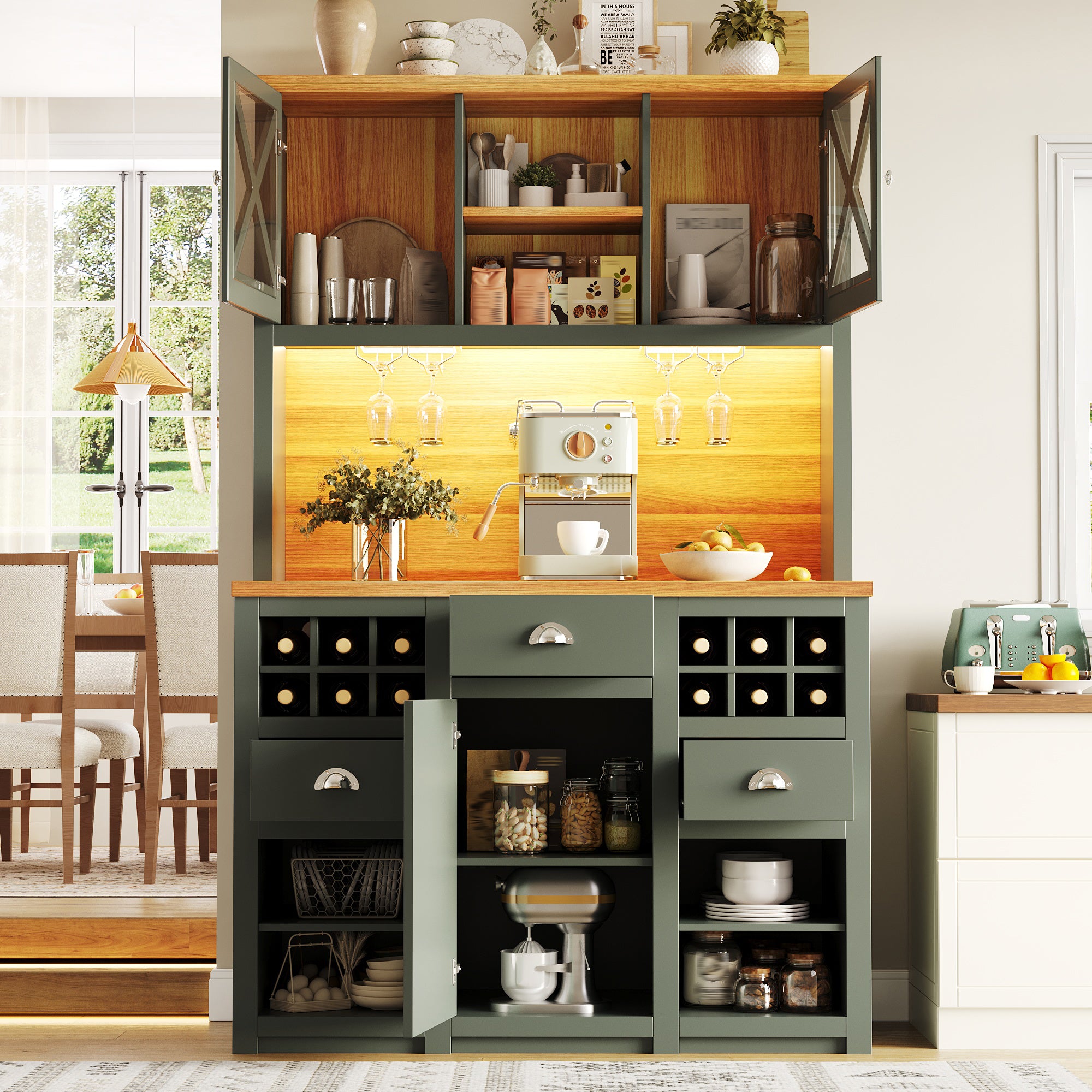 Kitchen cabinets (120 x 45 x 188 cm), tall kitchen cabinets, sideboards, kitchen cabinets with glass doors and LED lighting, side cabinet with wine rack, adjustable shelves, green