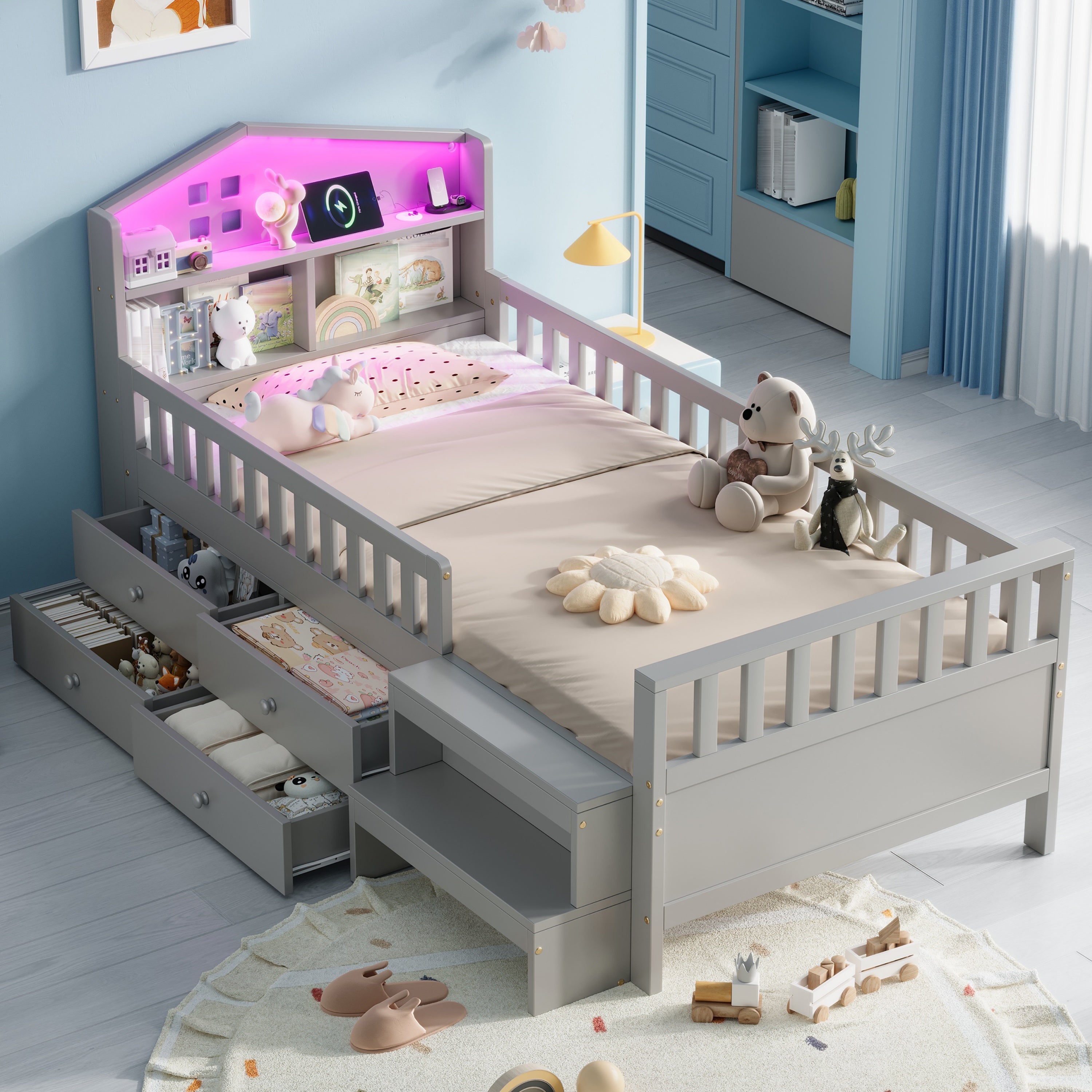 3ft Single Wooden Bed Frame, LED Lighting, Headboard Storage & Drawers, USB Charging Port, Safety Rails & Step Stool, Easy Assembly, Grey (No Mattress)