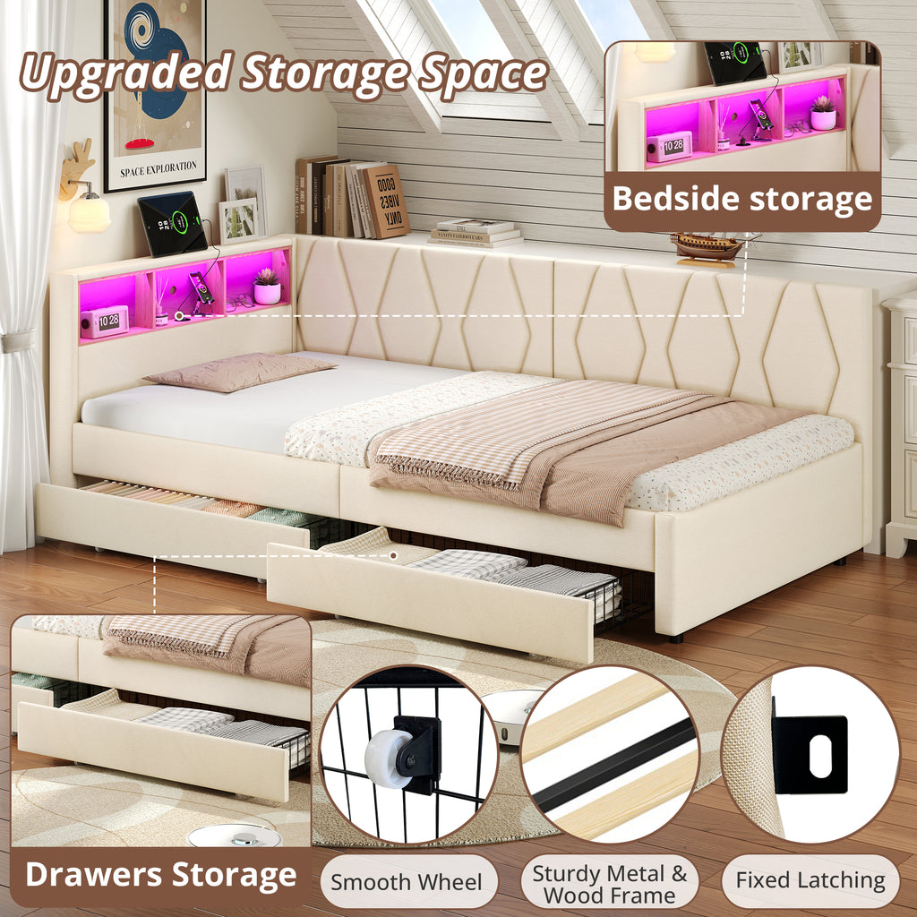 3ft Single Daybed with Two Storage Drawers, LED Modern Bed frame with Charging Station, Linen Sofa Bed for Living Room/ Bedroom/ Study Room, 90X190cm, Easy Assembly, Beige (No Mattress)