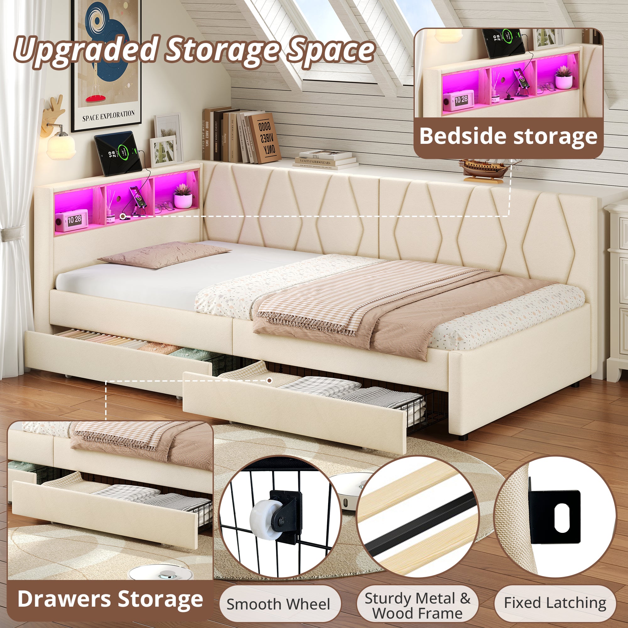 3ft Single Daybed with Two Storage Drawers, LED Modern Bed frame with Charging Station, Linen Sofa Bed for Living Room/ Bedroom/ Study Room, 90X190cm, Easy Assembly, Beige (No Mattress)