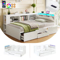 3ft Single Tatami Wooden Bed Frame with Underbed Storage and Drawers, LED Linen Headboard with Charging Station and Concealed Headboard Storage, Bedside Bookshelf Compartment, White (No Mattress)