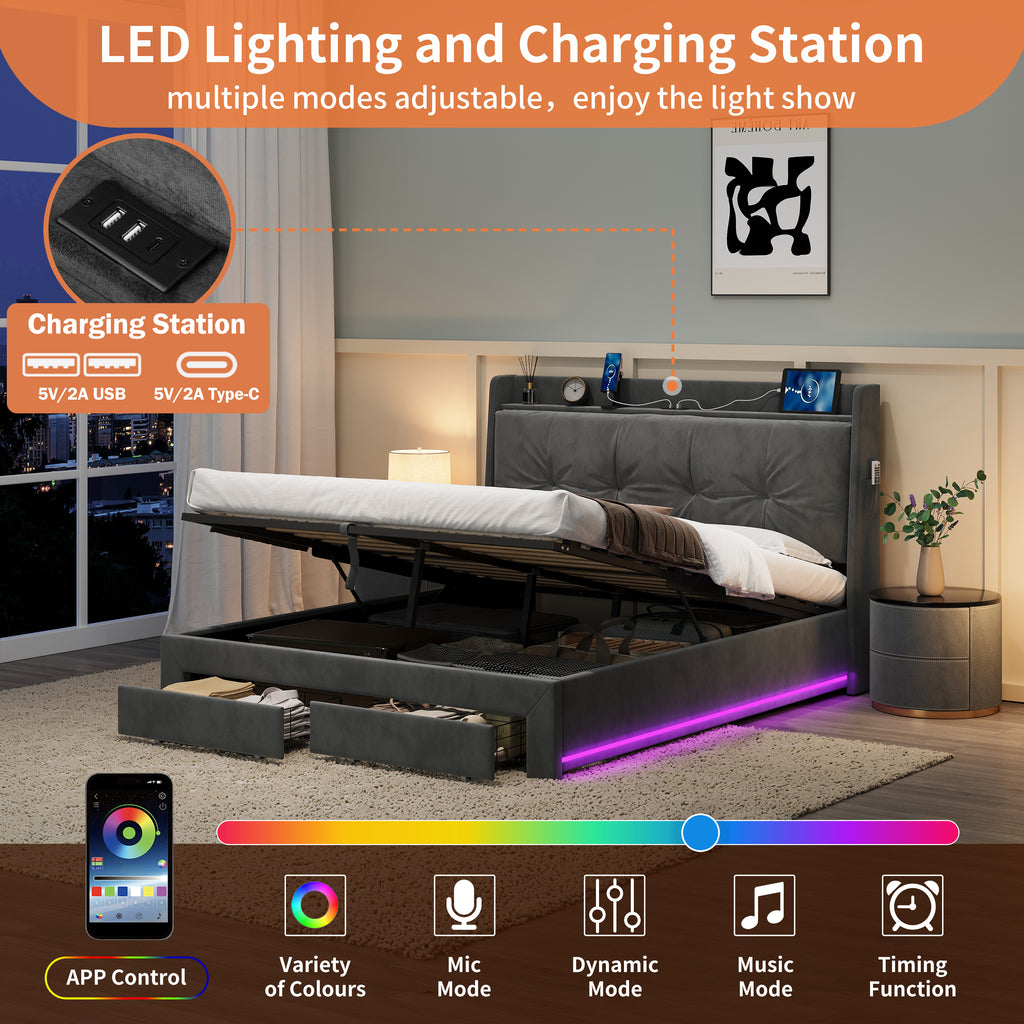 4ft6 Double Upholstered Bed Frame with Hydraulic and Drawers Storage, Back Cushion Headboard with Charging Station,  Velvet Ottoman Hydraulic Bed with RGB LED Lighting, Grey (No Mattress)