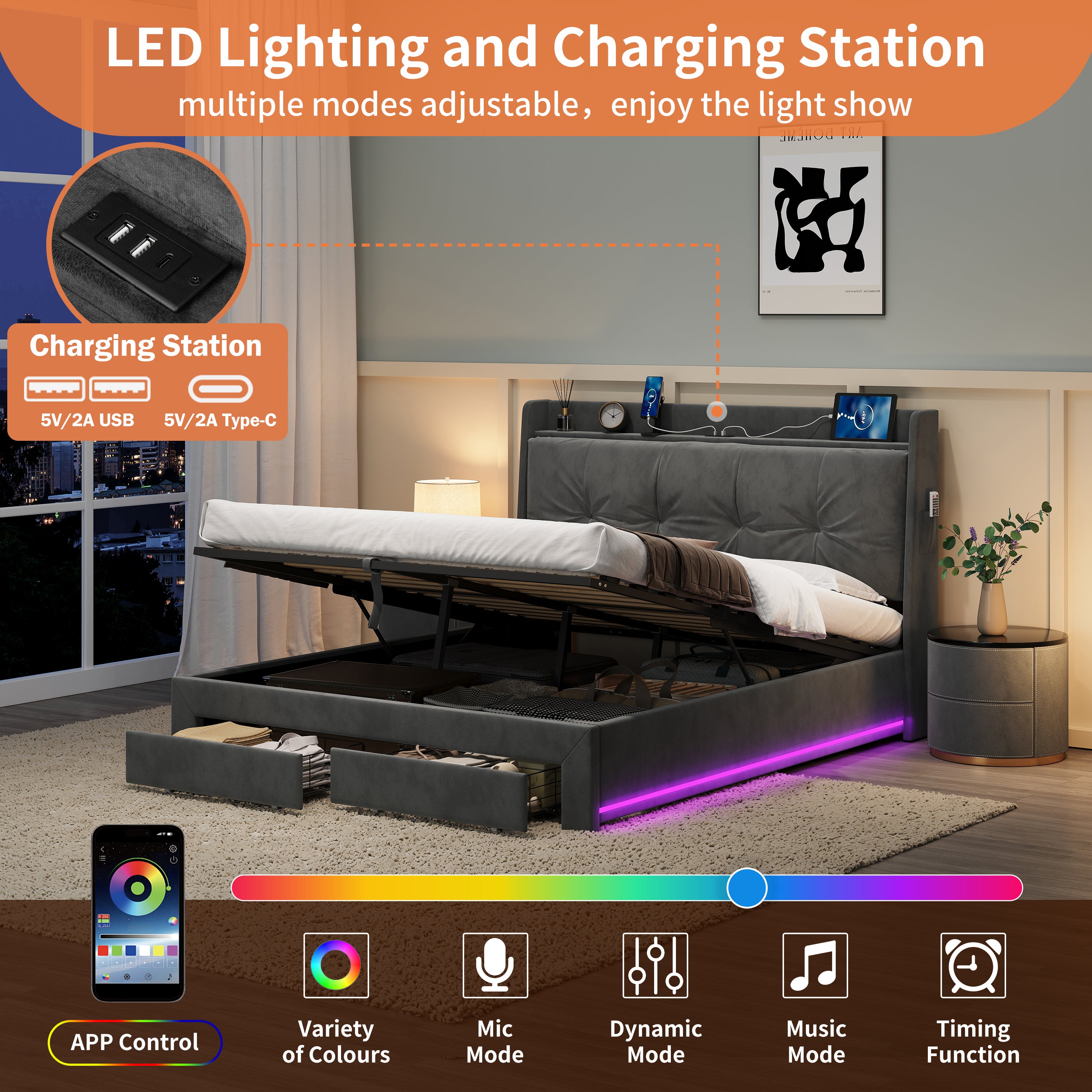 4ft6 Double Upholstered Bed Frame with Hydraulic and Drawers Storage, Back Cushion Headboard with Charging Station,  Velvet Ottoman Hydraulic Bed with RGB LED Lighting, Grey (No Mattress)