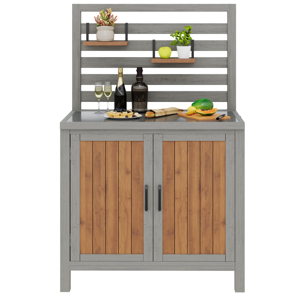 Weatherproof wooden garden cabinet – tool shed with stainless steel worktop, grill station with adjustable shelves and storage compartments, kitchen cabinet for patio, balcony, garden