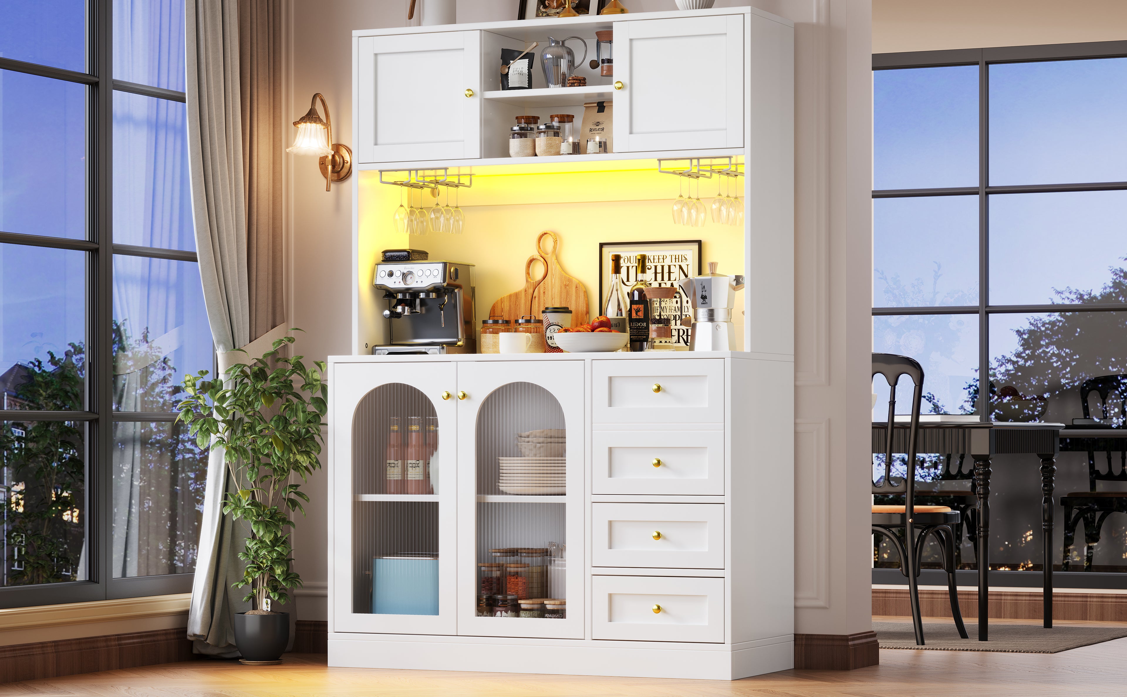 Sideboard / Storage Cabinet / Kitchen Cabinet / Buffet Cabinet, 120x40x188cm, Farmhouse Style, 4 Doors, with LED Light Strip & Drink Holders, Black/White (Fluted Glass Doors)