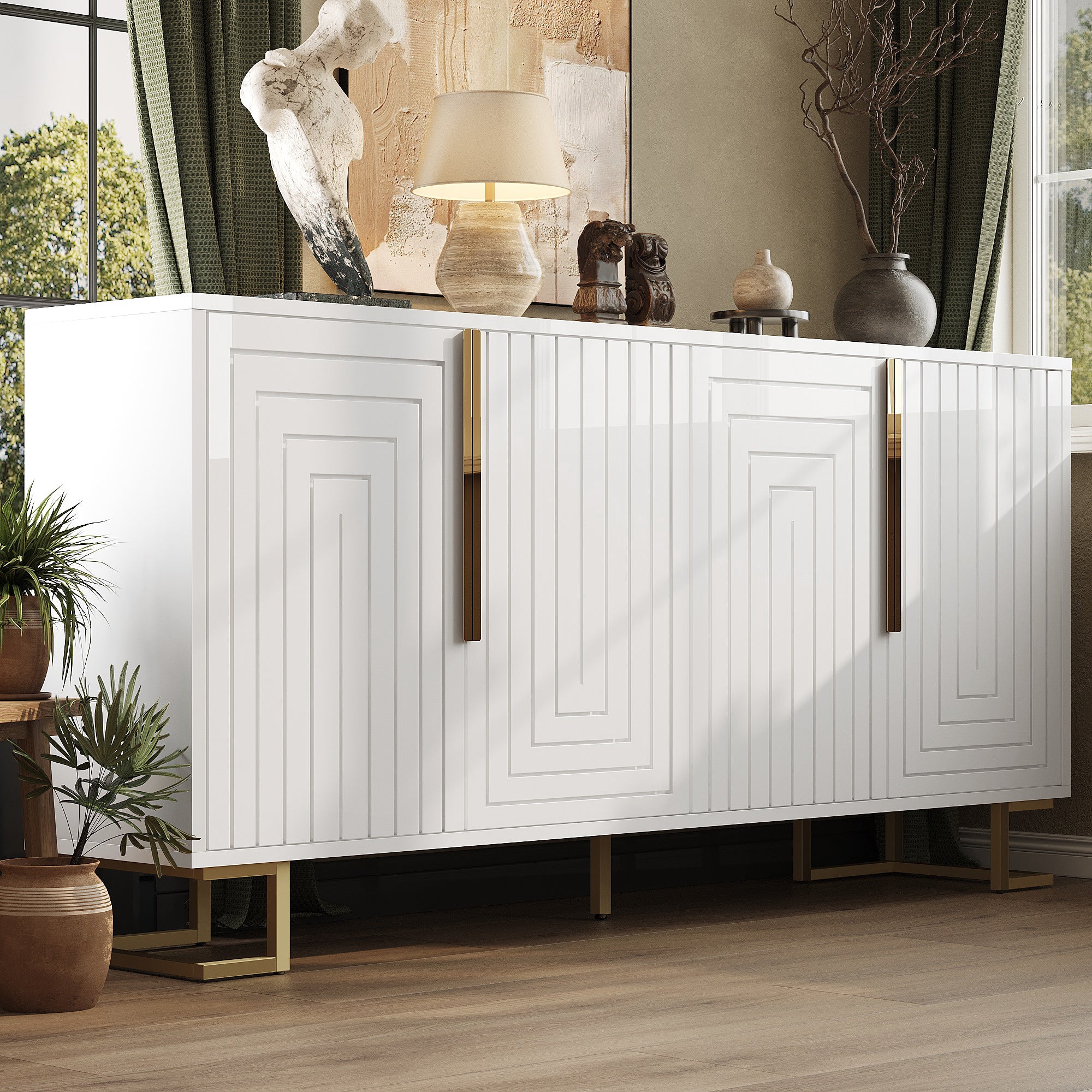 White sideboard (152 x 40 x 75 cm) features a unique geometric design and gold handles and feet for an elegant feel.