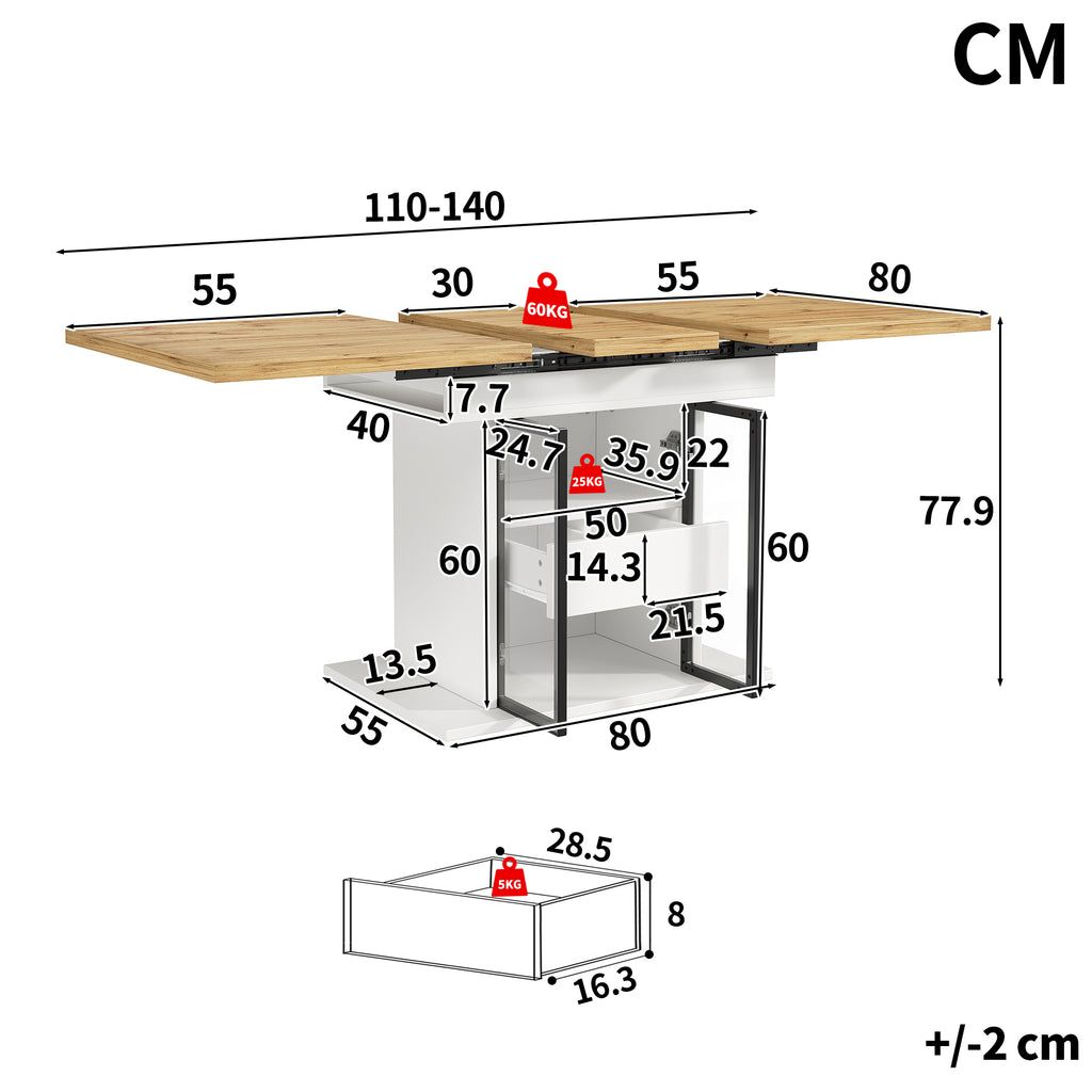 Extendable dining table with storage space & RGB LED lighting, 110–140cm, glass sliding doors & concealed push handles, white/black