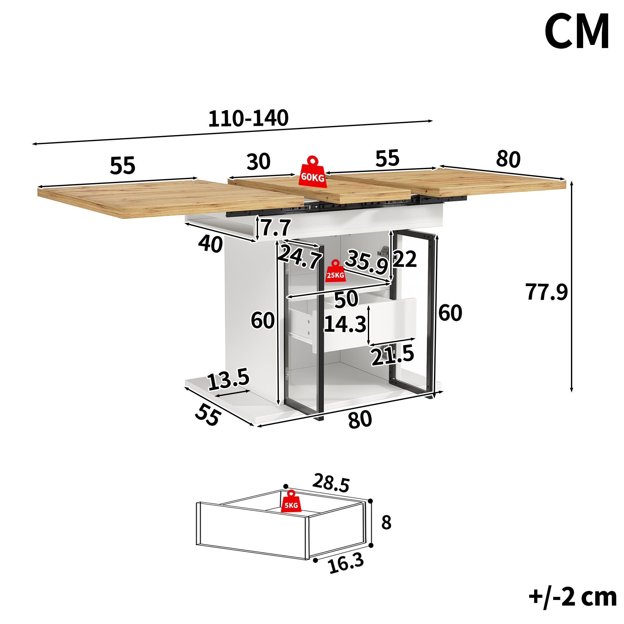 Extendable dining table with storage space & RGB LED lighting, 110–140cm, glass sliding doors & concealed push handles, white/black