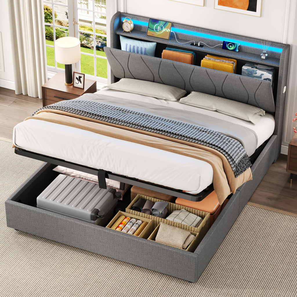 4ft6 Double Upholstered Bed Frame with Hydraulic Storage, LED Headboard with Charging Station and Concealed Headboard Storage, USB and Type - C Ports, Linen, No Box Spring Needed, Grey (No Mattress)