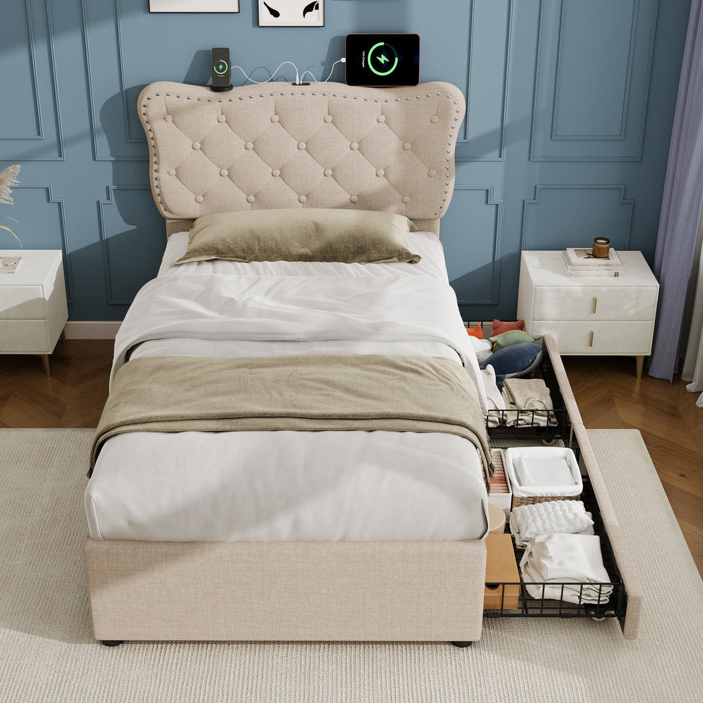 3ft Single Upholstered Bed with Rivet Design and Charging Station, Two Storage Drawers, Adjustable Button Tufted Headboard with USB & Type-C Ports, No Box Spring Needed, Linen, Beige  (No Mattress)