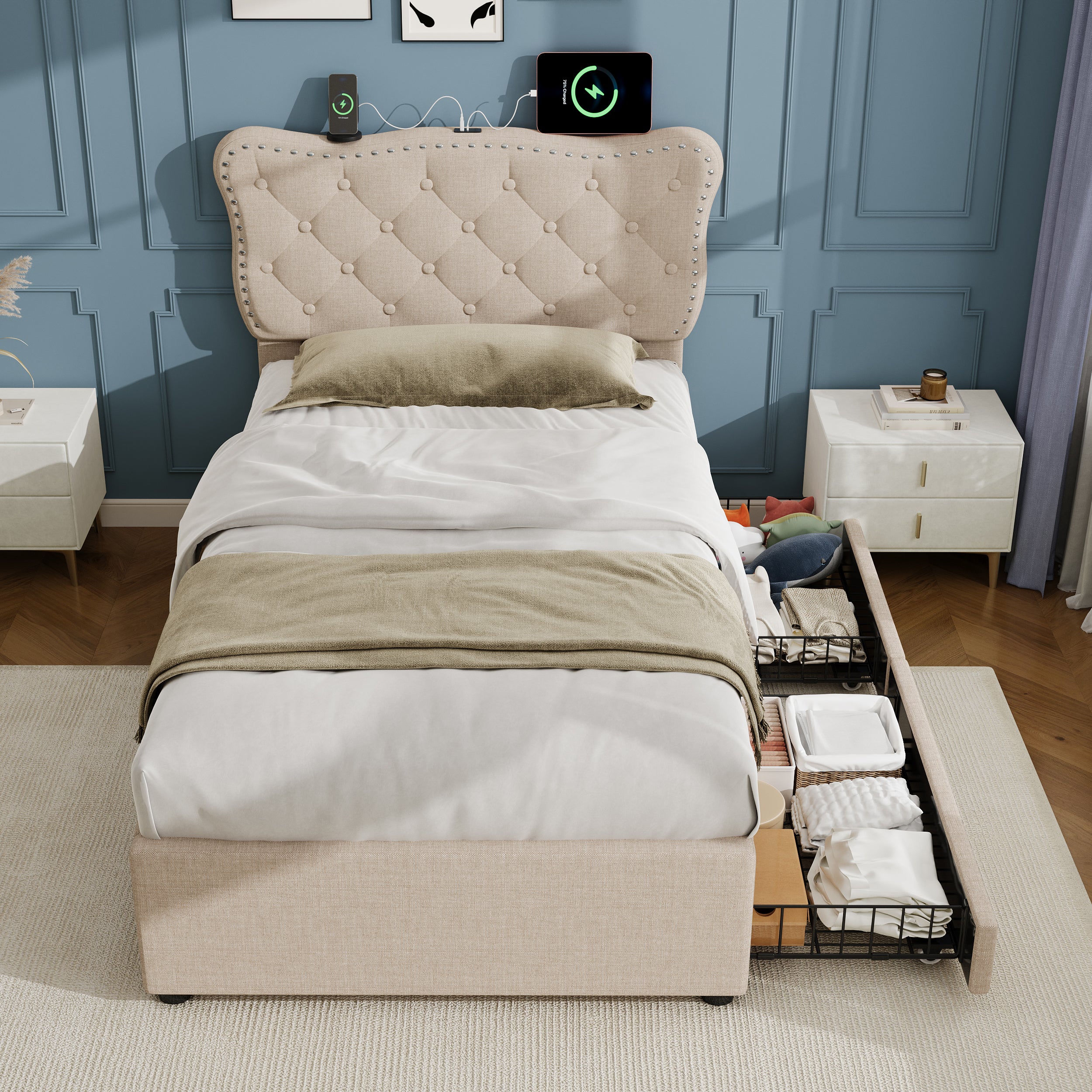 3ft Single Upholstered Bed with Rivet Design and Charging Station, Two Storage Drawers, Adjustable Button Tufted Headboard with USB & Type-C Ports, No Box Spring Needed, Linen, Beige  (No Mattress)