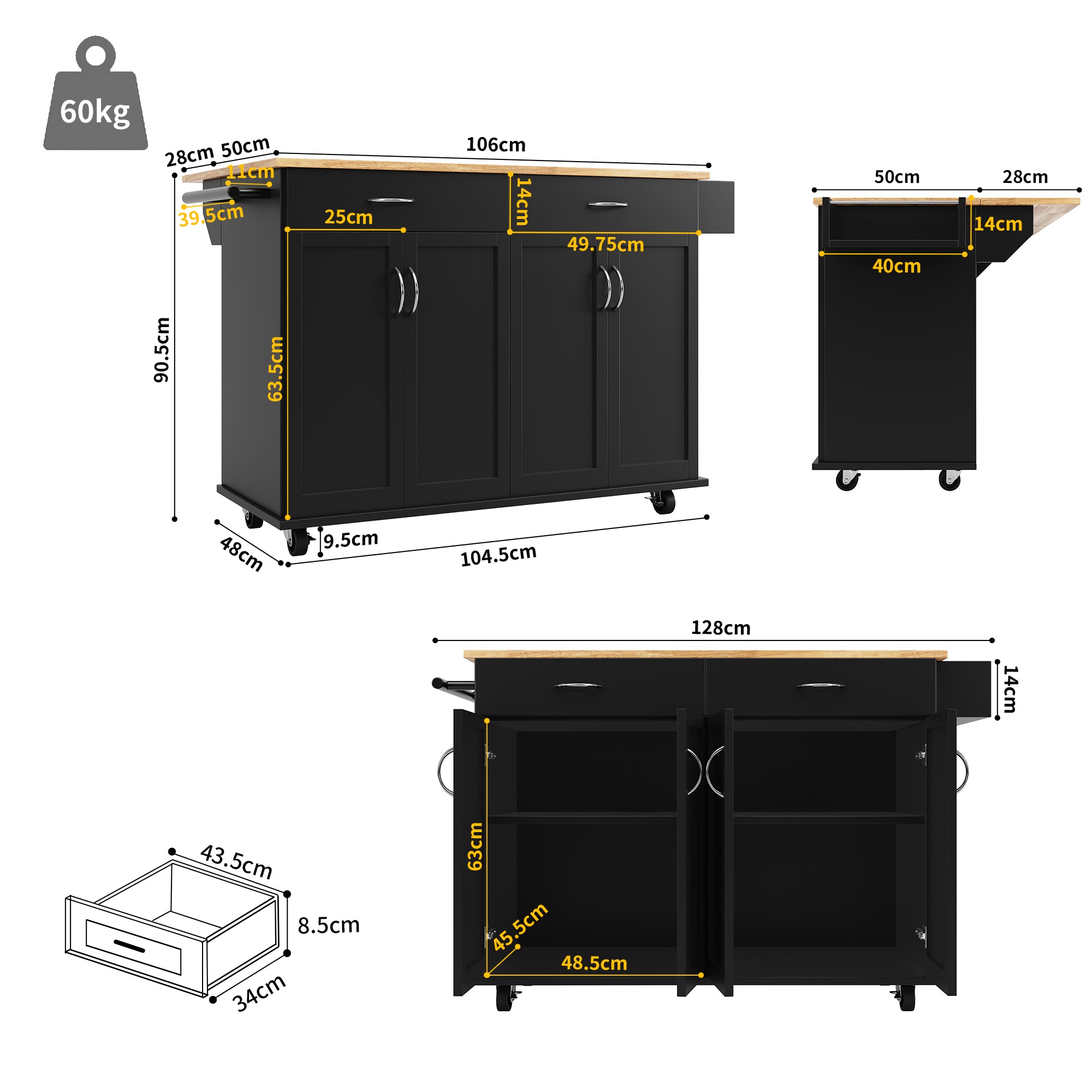 Rolling Kitchen Island Storage Trolley with Large Cabinet, 2 Drawers, Adjustable Shelf, Spice&Towel Rack, Sideboard Cupboard Cabinet Cart, Dining Room Organiser, Black