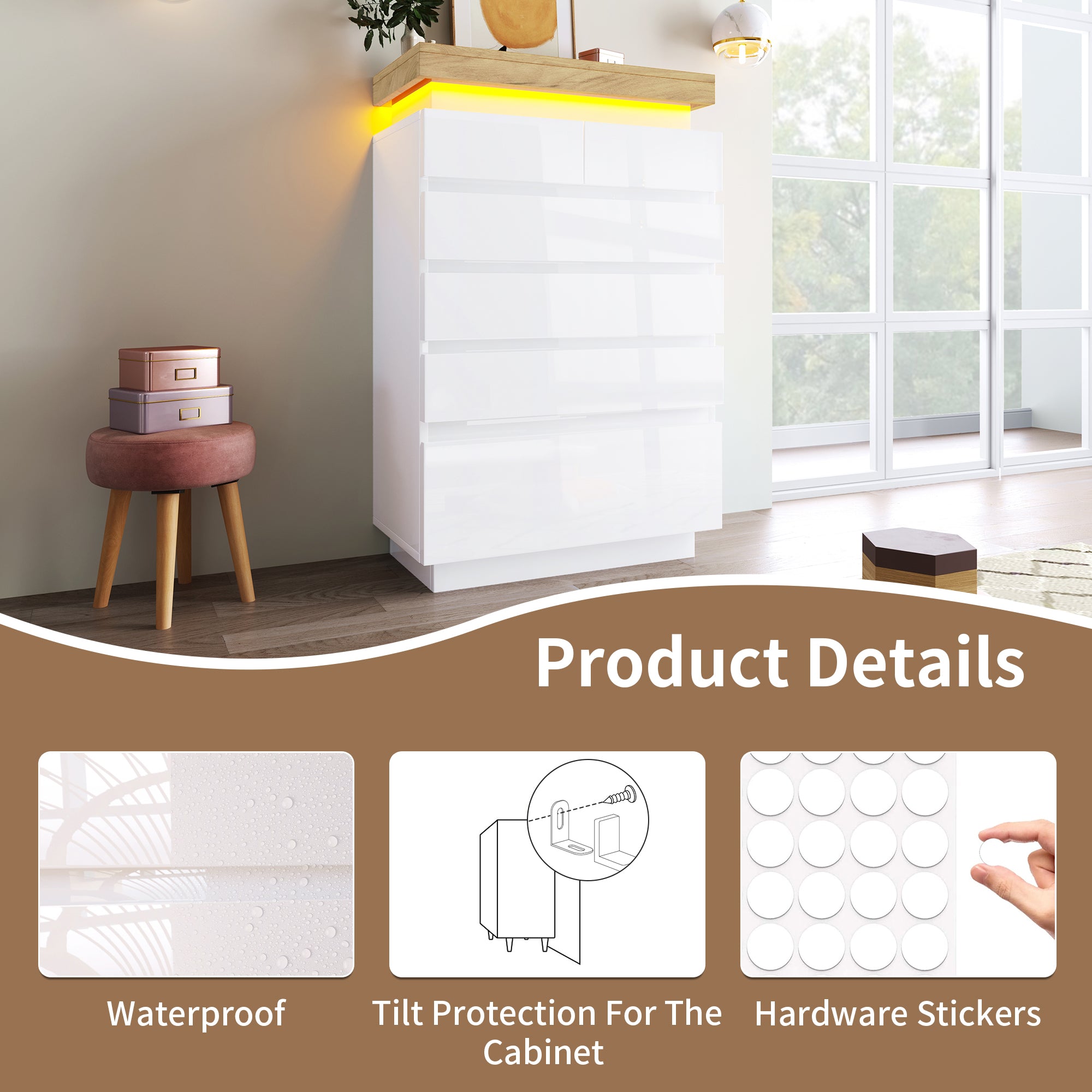 Chest of Drawers,High-gloss Sideboard Cabinet with 6 Drawers,Storage with RGB LED(App-controlled),Multi-purpose Cabinet for Living Room and Bedroom, 115 x 73 x 39 cm, White