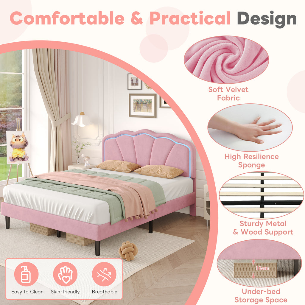 4ft6 Double Upholstered Bed with LED Adjustable Shell Shape Headboard, Soft Velvet Bed Frame with Solid Wood Slat, No Box Spring Needed, Easy Assembly, Pink (No Mattress)
