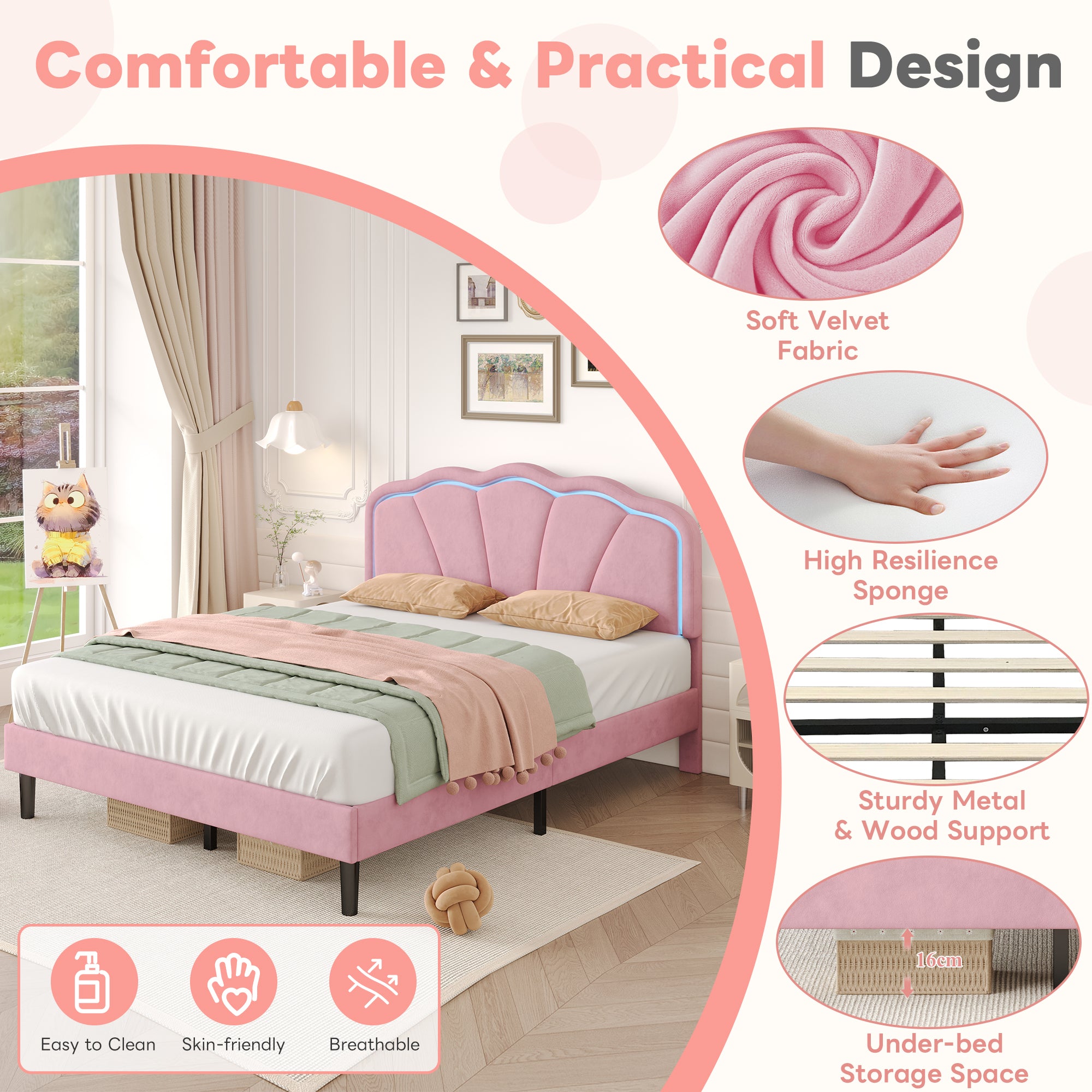 4ft6 Double Upholstered Bed with LED Adjustable Shell Shape Headboard, Soft Velvet Bed Frame with Solid Wood Slat, No Box Spring Needed, Easy Assembly, Pink (No Mattress)
