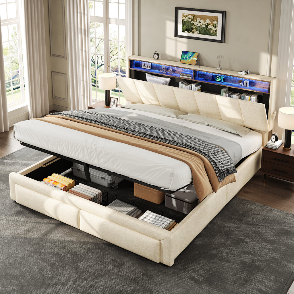 5ft King Upholstered Bed Frame with Hydraulic and Drawers Storage, LED Adjustable Headboard with Charging Station and Concealed Headboard Storage, Linen, No Box Spring Needed, Beige (No Mattress)