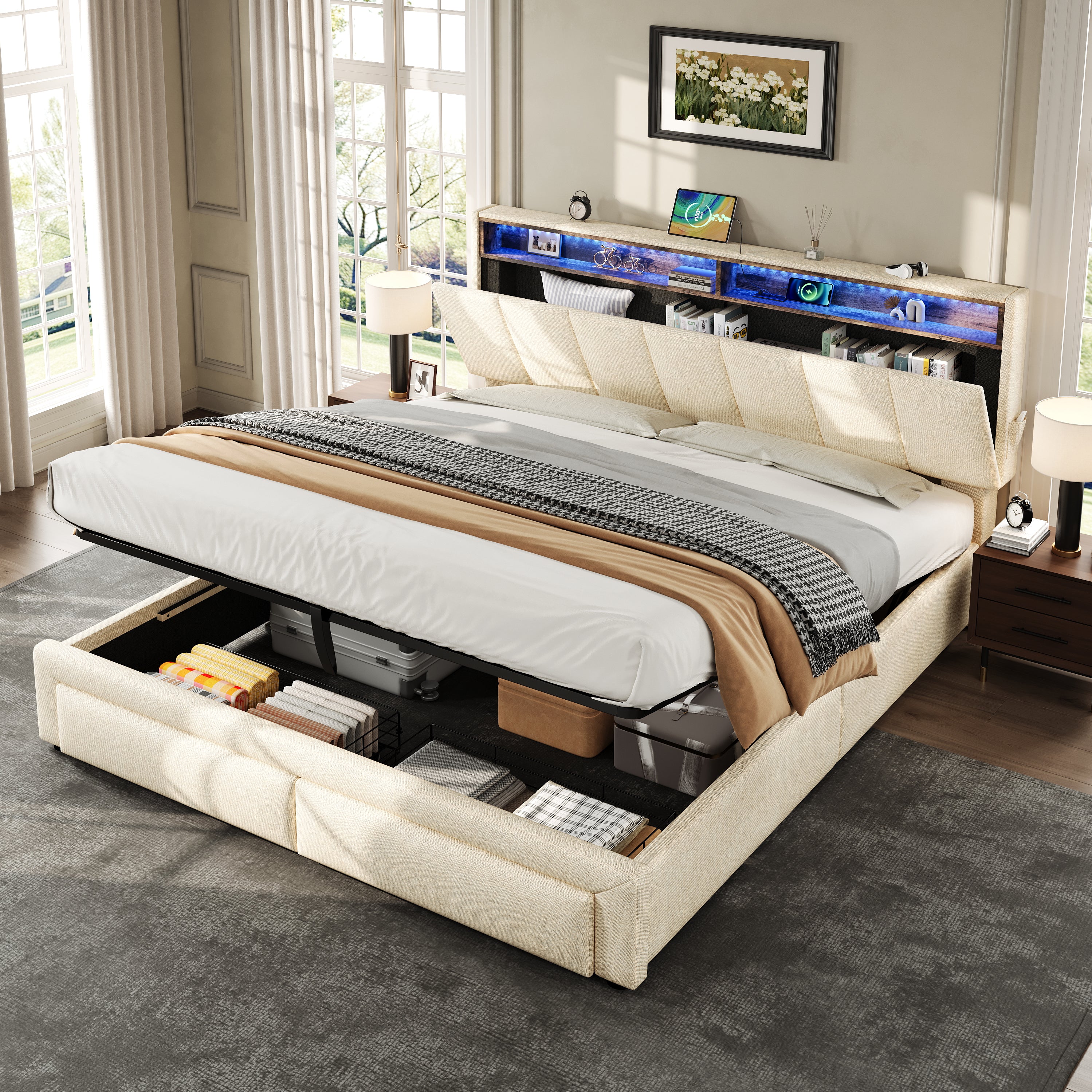 5ft King Upholstered Bed Frame with Hydraulic and Drawers Storage, LED Adjustable Headboard with Charging Station and Concealed Headboard Storage, Linen, No Box Spring Needed, Beige (No Mattress)