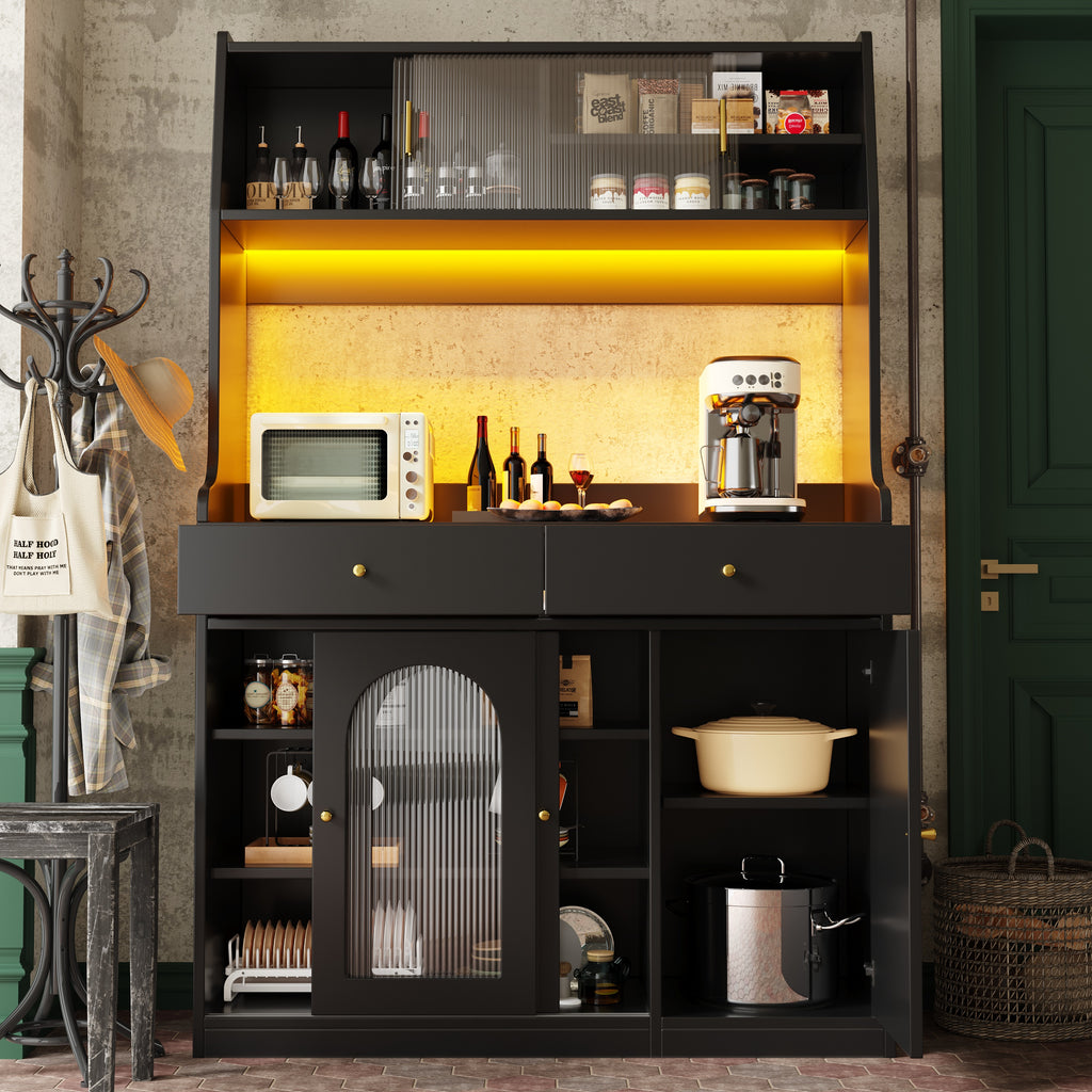 Kitchen Cabinet(120*40*180cm), Tall Cabinet, Display Cabinet, Buffet Cabinet with Adjustable Shelves, Dining Room Cabinet with 2 Drawers, Sideboard with LED Lighting, Variable Light Colors, Black