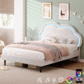 4ft6 Double Upholstered Bed with LED Adjustable Cute Cloud Headboard, Soft Velvet Bed Frame with Solid Wood Slat, No Box Spring Needed, Easy Assembly, Cream White (No Mattress)