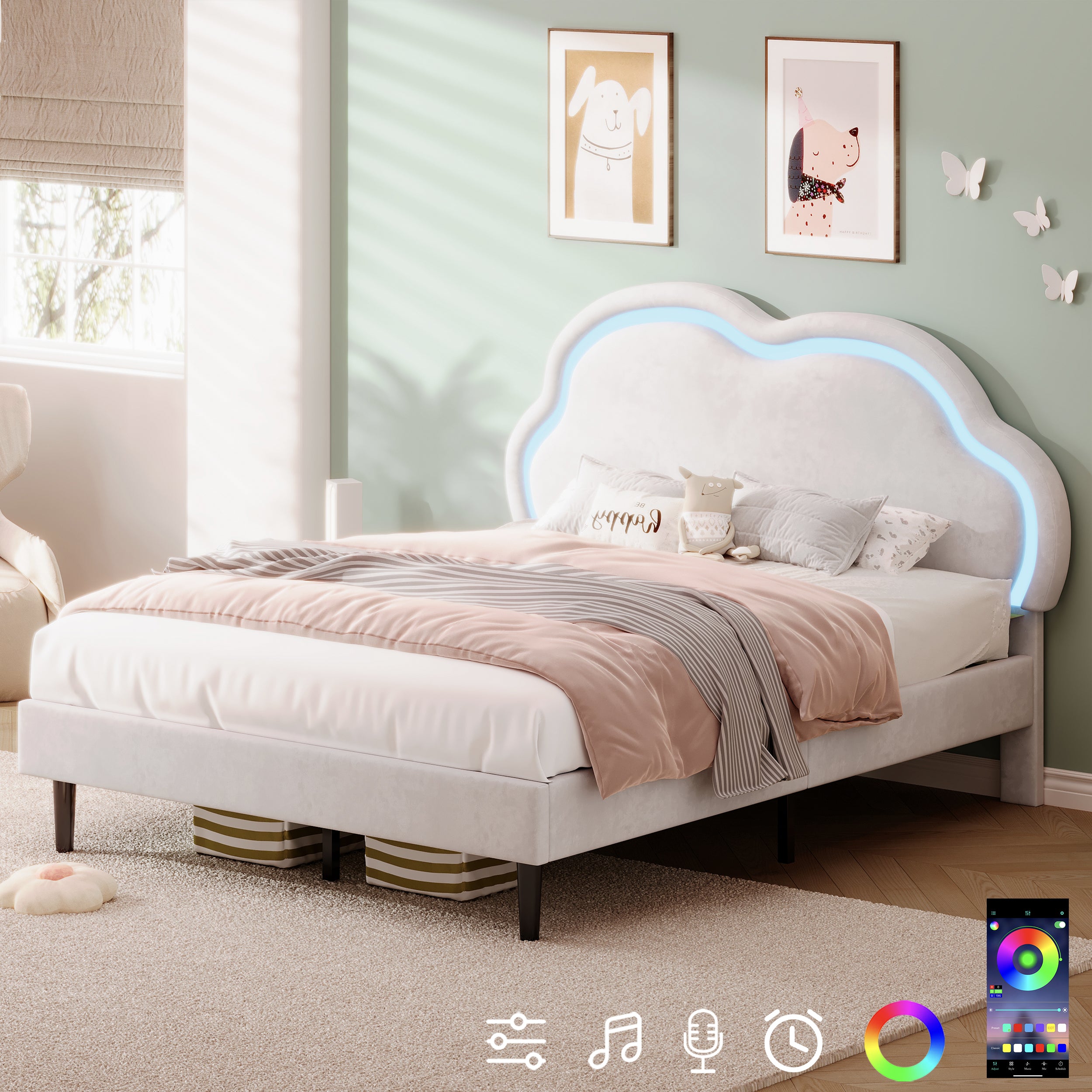 4ft6 Double Upholstered Bed with LED Adjustable Cute Cloud Headboard, Soft Velvet Bed Frame with Solid Wood Slat, No Box Spring Needed, Easy Assembly, Cream White (No Mattress)