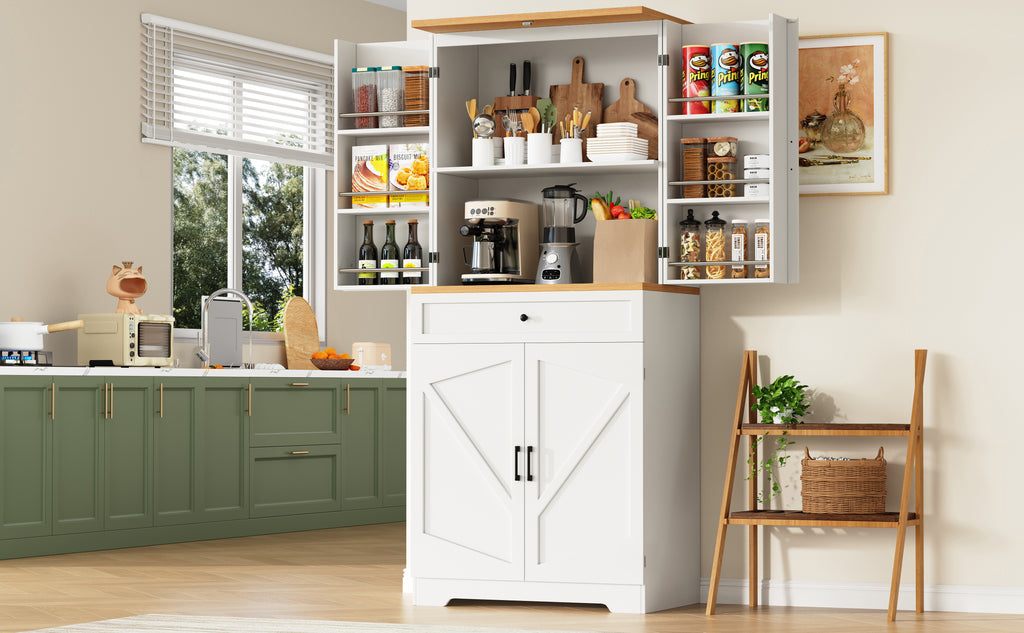 Snack cabinet, kitchen cabinet (80 x 40 x 180 cm), tall kitchen sideboard, storage sideboard, kitchen sideboard with door frame, white, suitable for living room, kitchen, dining room