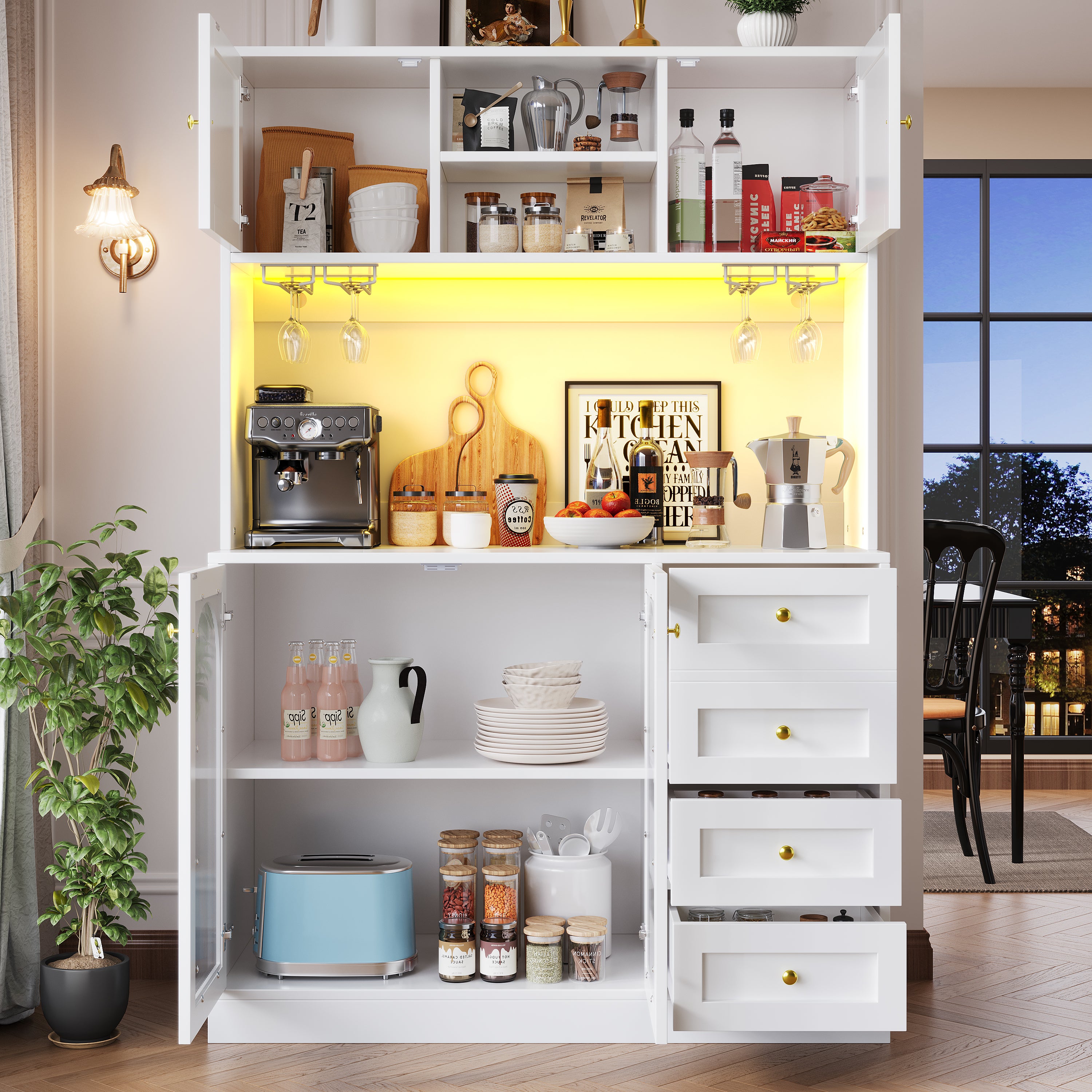 Sideboard / Storage Cabinet / Kitchen Cabinet / Buffet Cabinet, 120x40x188cm, Farmhouse Style, 4 Doors, with LED Light Strip & Drink Holders, Black/White (Fluted Glass Doors)