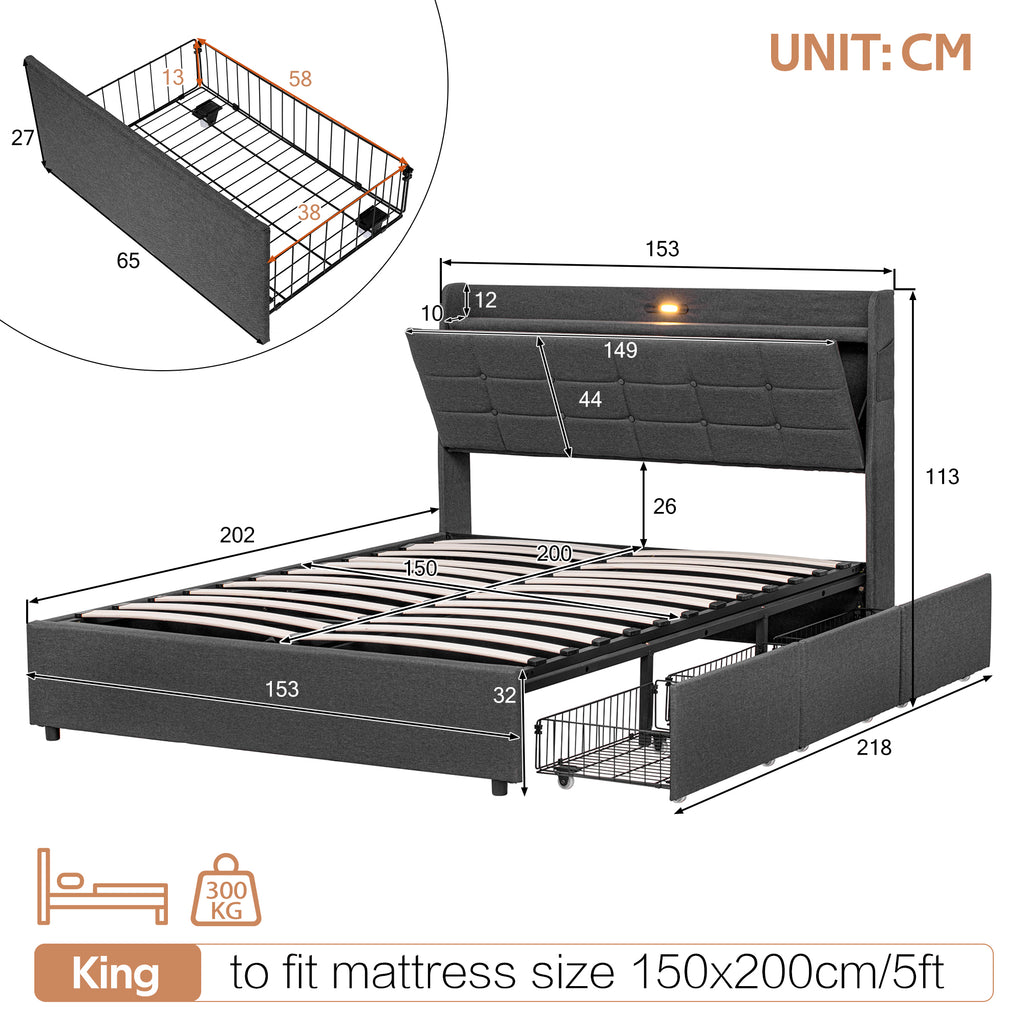 5ft King Bed Frame with Hydraulic Storage, Linen Upholstered  Bed with Concealed Headboard Storage and Drawers, Button Tufted Headboard with Charging Station and LED Night Light, Grey (No Mattress)