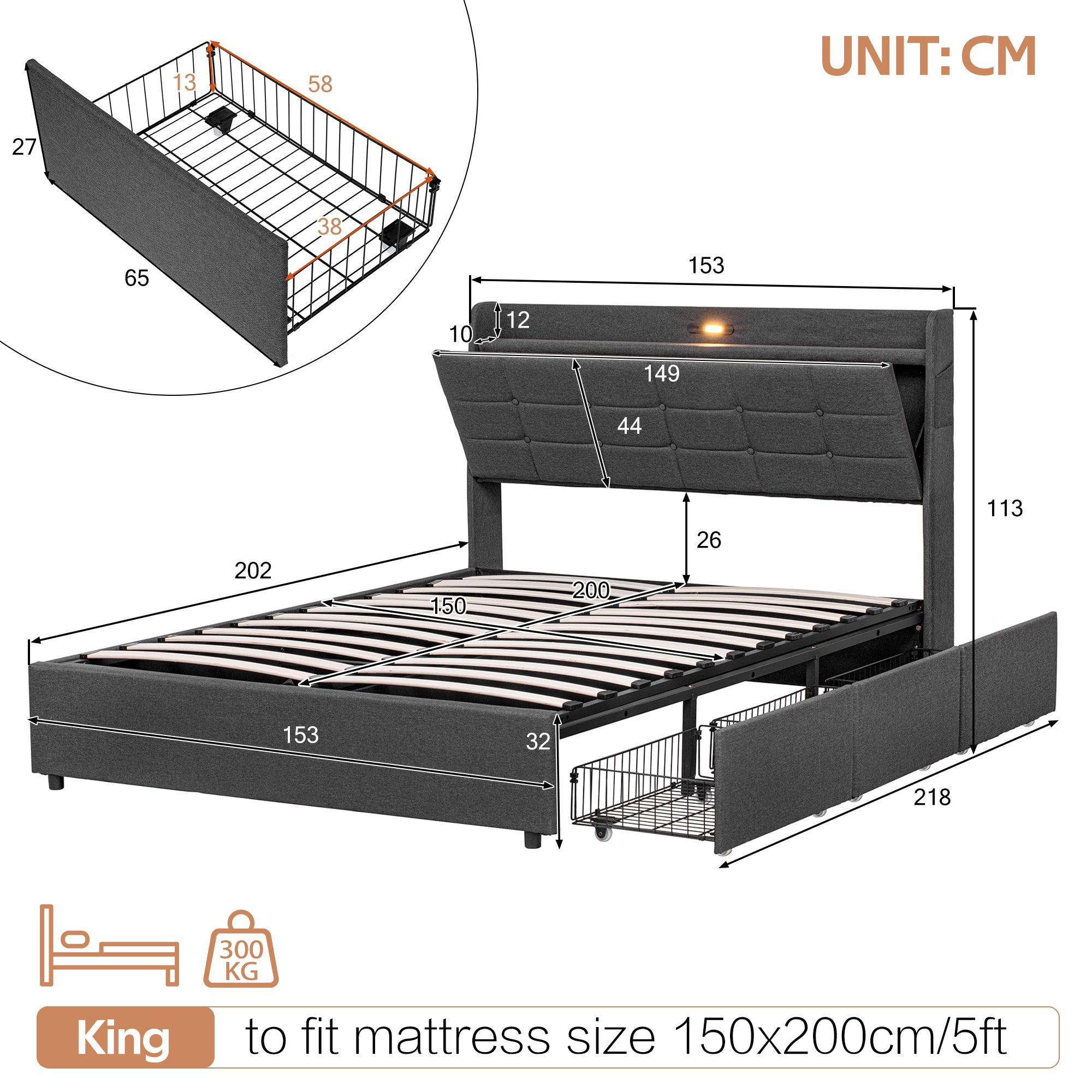 5ft King Bed Frame with Hydraulic Storage, Linen Upholstered  Bed with Concealed Headboard Storage and Drawers, Button Tufted Headboard with Charging Station and LED Night Light, Grey (No Mattress)