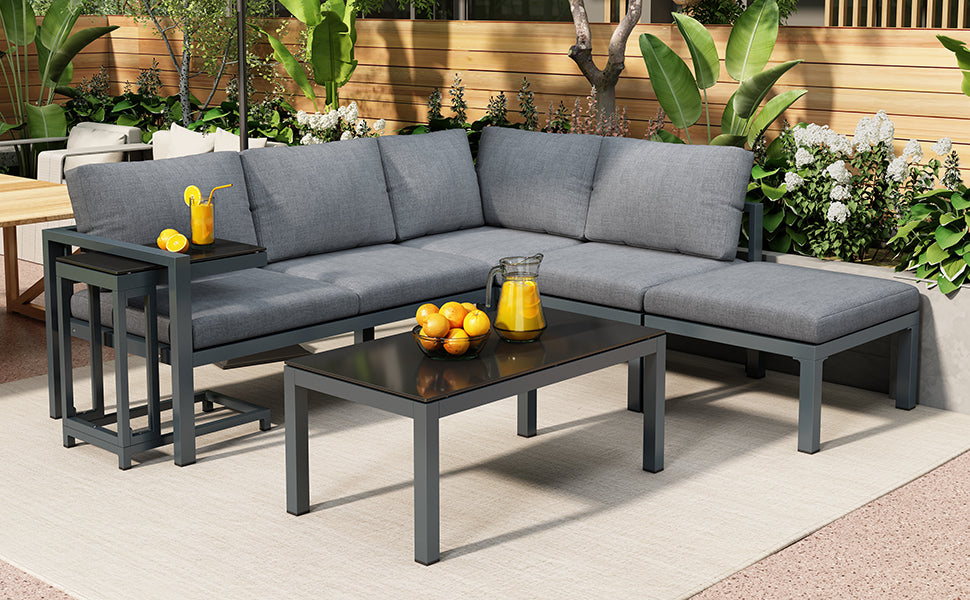 Outdoor garden terrace lounge sofa set, garden furniture for 4-5 people with side table and coffee table, corner sofa, all-weather lounge furniture, grey, all cushions included