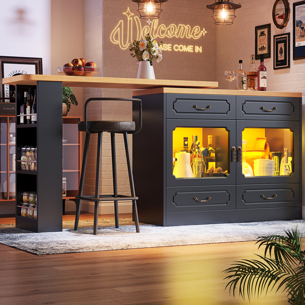 360° rotation, bar table (main body 135-203 x 39 x 92.8 cm), coffee bar furniture, rotatable dining bar with storage, kitchen island, double doors with four drawers, 3-tier open storage space, black