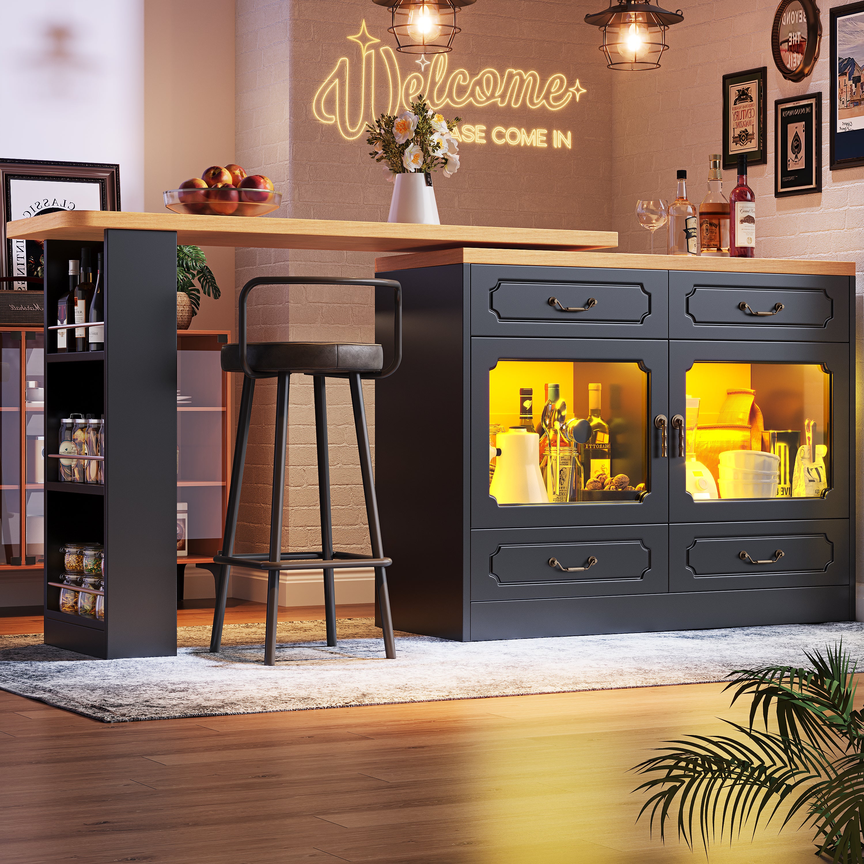 360° rotation, bar table (main body 135-203 x 39 x 92.8 cm), coffee bar furniture, rotatable dining bar with storage, kitchen island, double doors with four drawers, 3-tier open storage space, black